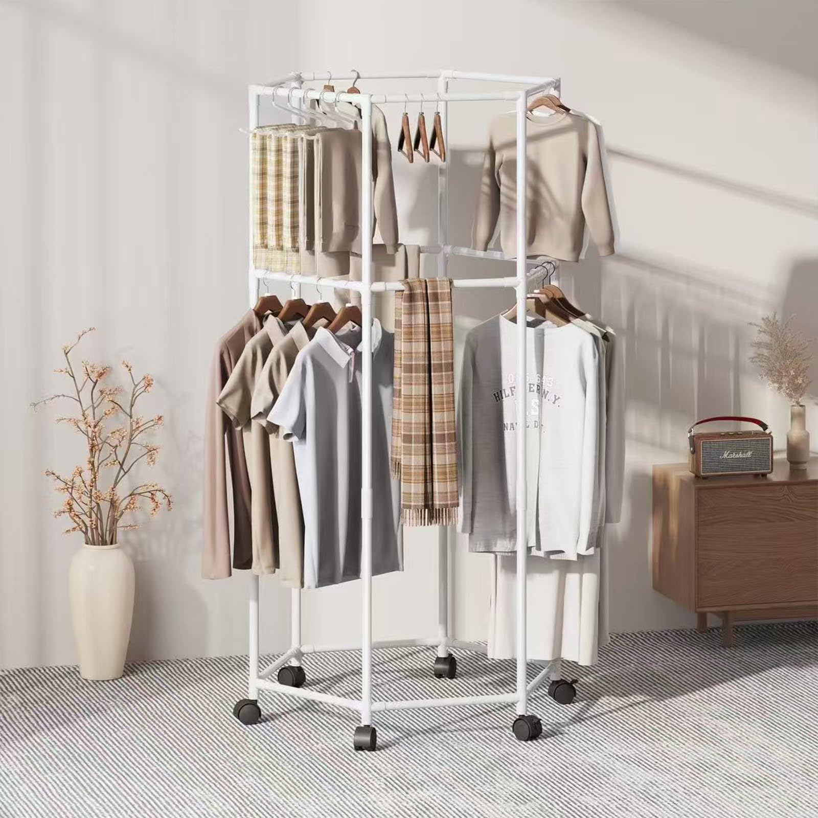 Hggdsac White Clothes Dryer Rack, Clothes Hanging Hanger, Laundry Rack, Hexagon Roting Hanger, For Bedroom Dorm Balcony Outdoor Indoor Blanket Clothing Garment, Double