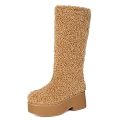 Uniquelly Womens Mid Calf Furry Boots Fluffy Platform Heel Round Toe Pull On Fashion Warm Winter Fur Boots