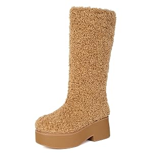Uniquelly Womens Mid Calf Furry Boots Fluffy Platform Heel Round Toe Pull On Fashion Warm Winter Fur Boots