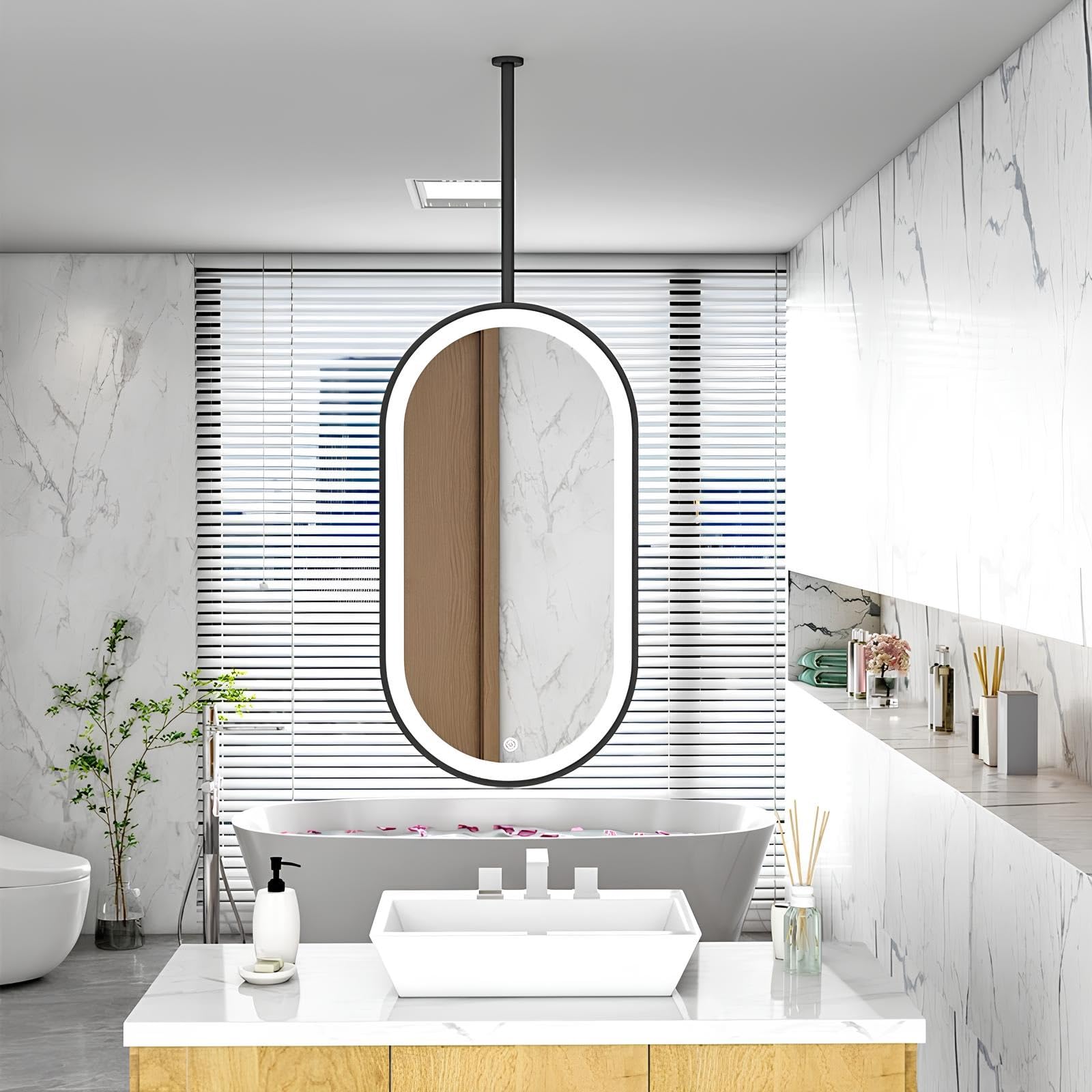 FGXHHS Oval Ceiling Hanging LED Mirror, Decorative HD with Touch Button, 3 Colors Dimmable Lights Floating Suspended Mirrors for Living Room Hallway Bedroom(Black,50x80cm/19.7x31.5in)
