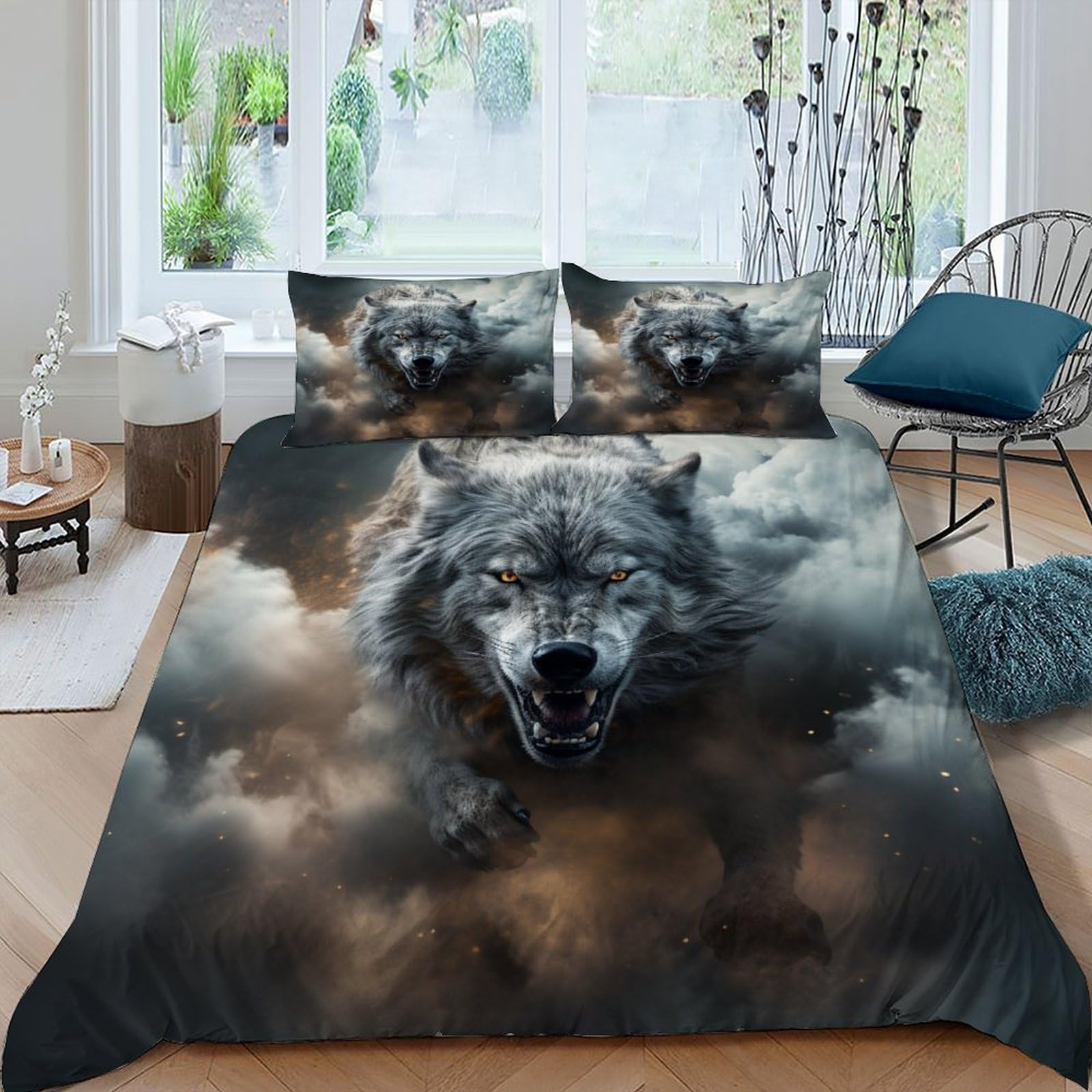 Housse de couette loup imprimé animalier haut de gamme 220x240 cm en tissu microfibre doux
