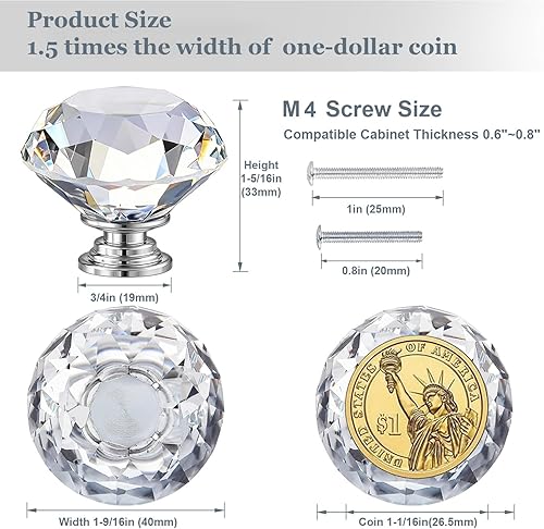 Miniatura 5 de POZEAN Perillas de gabinete de cristal 30 unidades, perillas para cómoda de 1.57 pulgadas para gabinete, cajón con dos tamaños diferentes