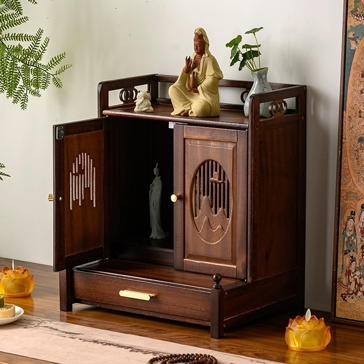 Vintage Altar cabinets for desktops, Churches Buddhist Altar Table with Retractable Shelf, shrines sacrificial Meditation Shrine, Homes Buddha Statues Table, for Temples.