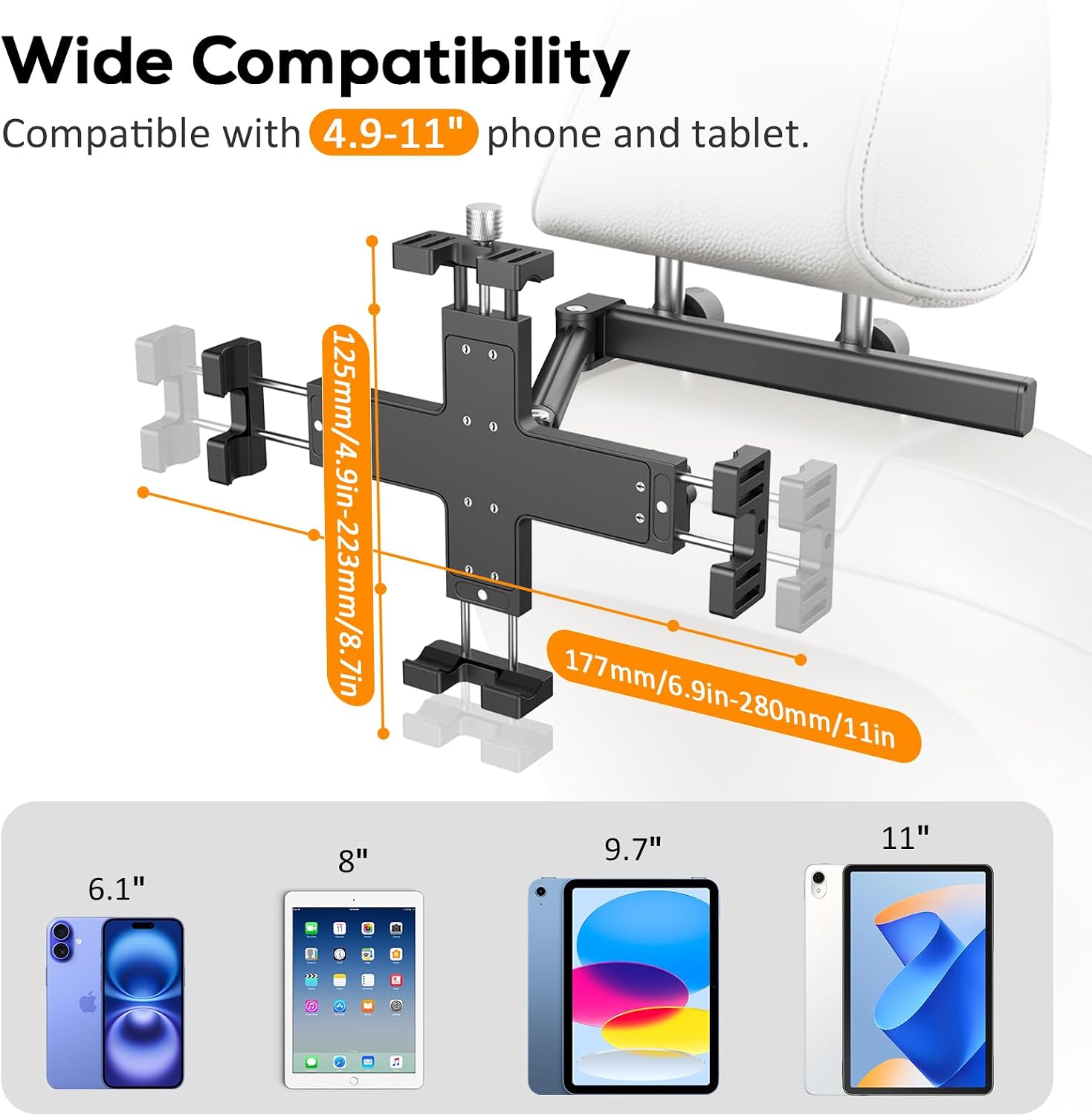 Car Headrest Tablet Holder, Aluminum ipad Car Mount for Back seat | Adjustable fold Extension Arm, for 4.9-11" Device Like Ipad Pro, Air, Mini, Galaxy, Fire, Road Trip Essentials for Kids