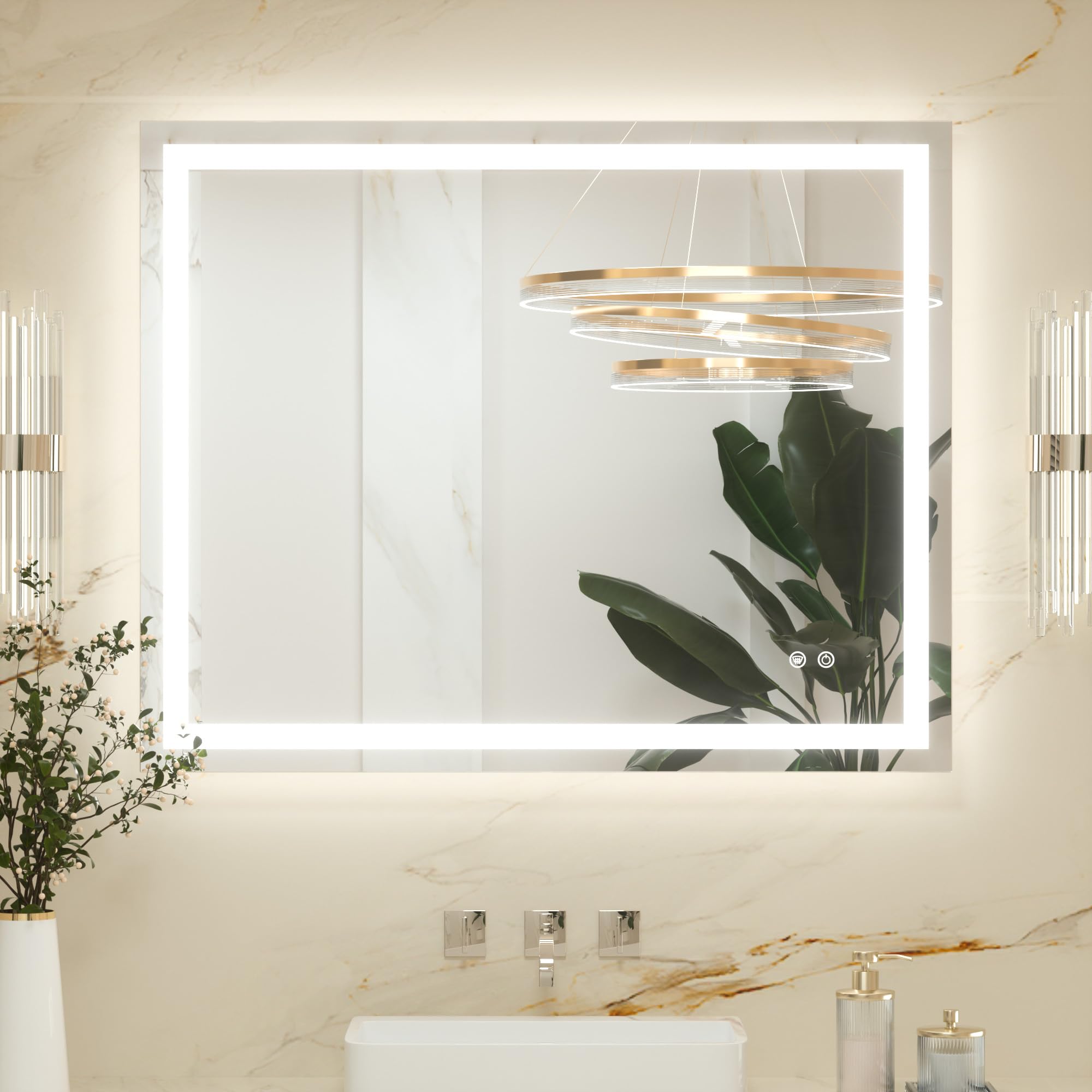 Keonjinn 100x80cm Bathroom Mirror with Led Lights, Antifog Vanity Mirror Back and Frontlit 3 Colour Dimmable Illuminated Wall Mounted Rectangle Mirrors — image 1