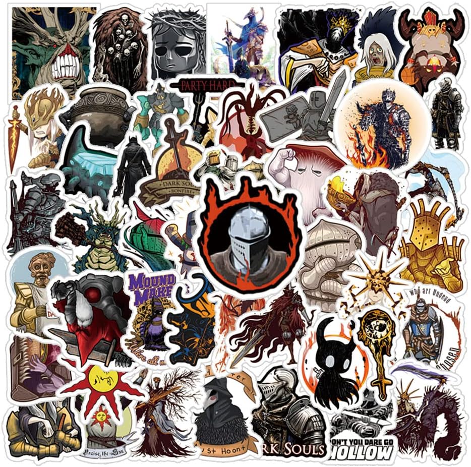 50Pcs Dark Souls Stickers Pack, Cool Game Vinyl Waterproof Decals for Water Bottle,Skateboard,Laptop,Phone,Scrapbooking,Journaling,Bumper Gifts for Adults Teens Kids for Party Supply Favor Decor