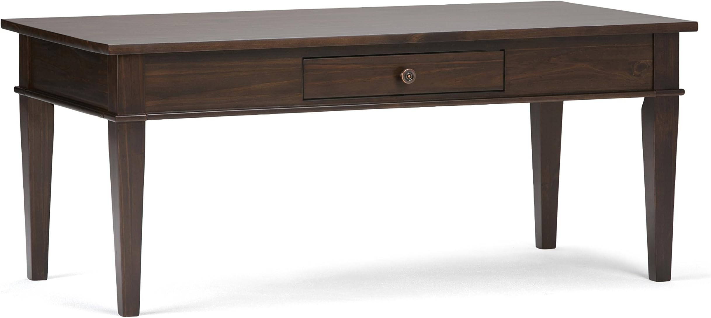 SIMPLIHOMECarlton Coffee Table - 44 inch Wide Solid Wood Transitional Cocktail Table in Dark Tobacco Brown, Classic Living Room Table with Open Storage Shelf and Clean-Lined Tapered Leg Design