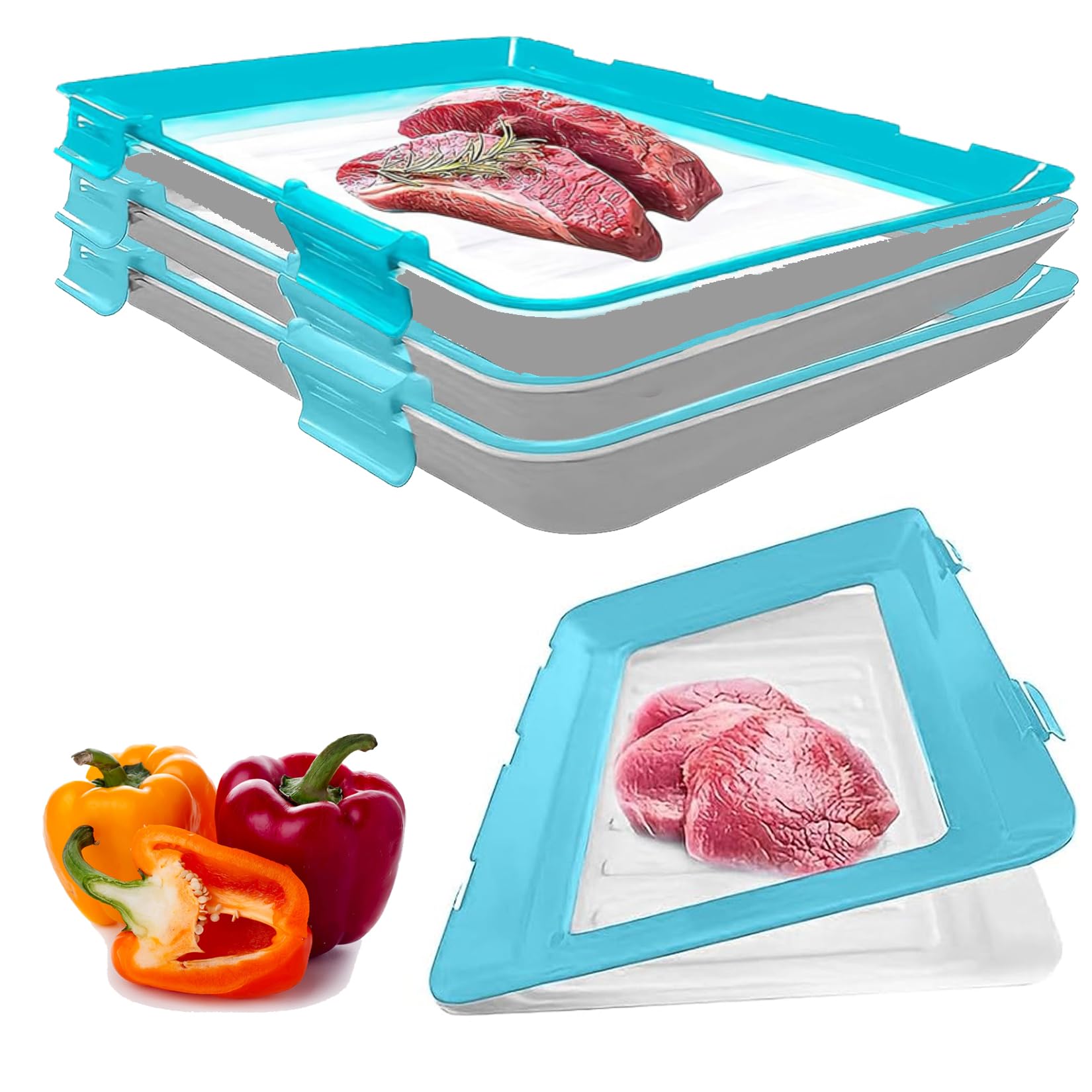 Vacuum Seal Food Storage Tray – Stackable Reusable Fresh Container with Buckle & Stretch Lid, BPA-Free Fridge Saver – 30×23cm, 1/2/3/4-Pack Options (Blue 3-pack)