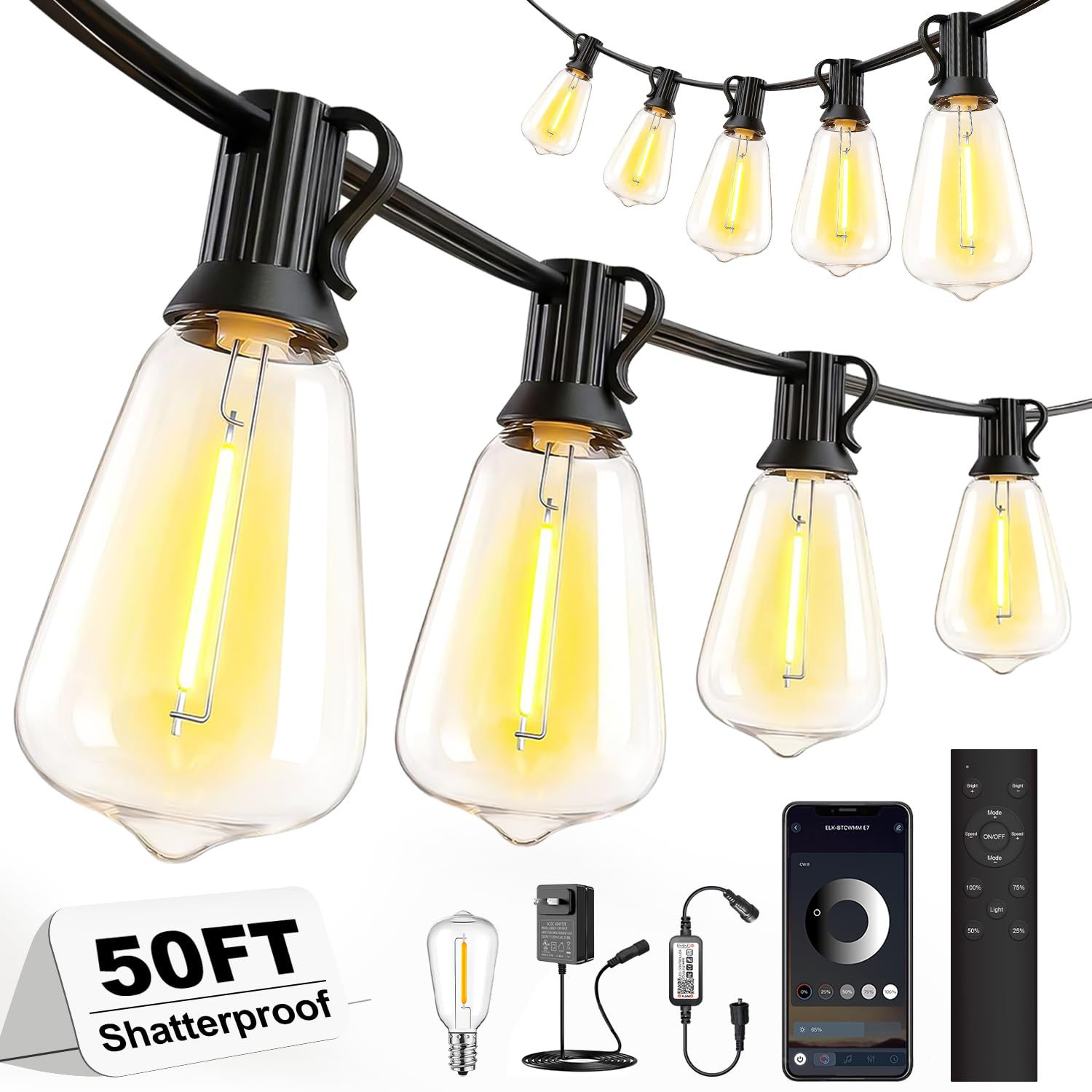 Skoiuc 50ft-LED-Lights-Outdoor-Waterproof-String Lights-Patio-Outside-Porch-Backyard-Garden-Gazebo-Yard-Deck-Balcony-Party-Camping-House-Hanging-Lighting-Bulb-Remote-Bluetooth-Hanging-Edison-ST38