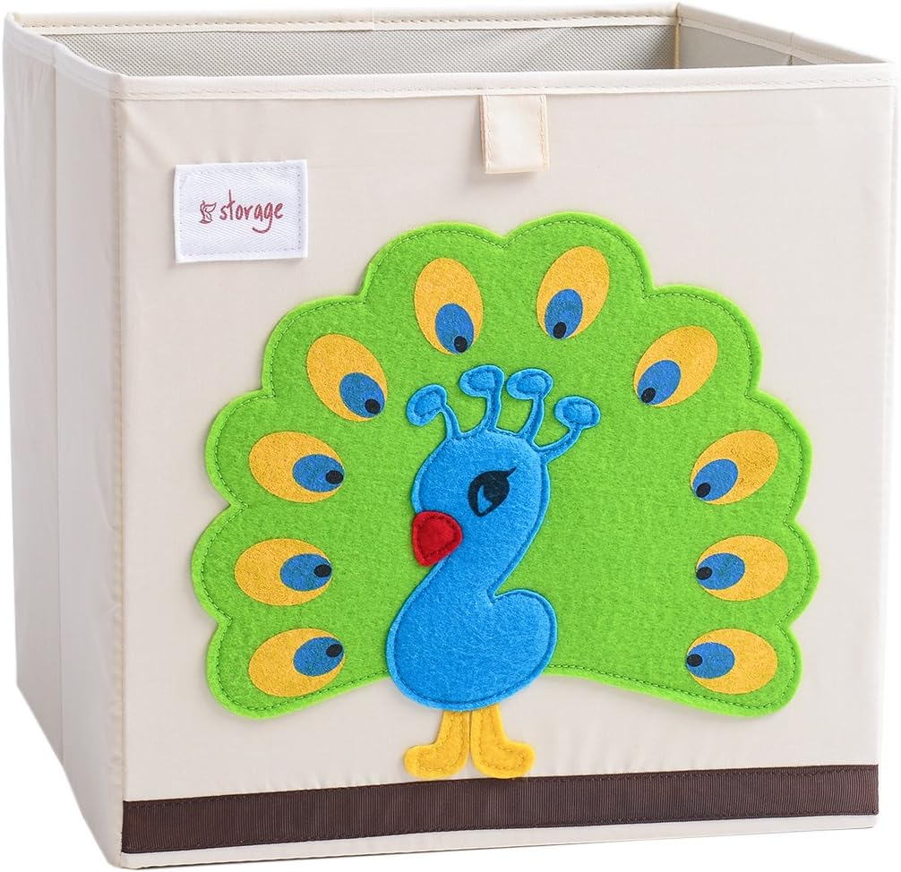 DODYMPSFoldable Animal Canvas Storage Toy Box/Bin/Cube/Chest/Basket/Organizer For Kids, 13 inch (Peacock)