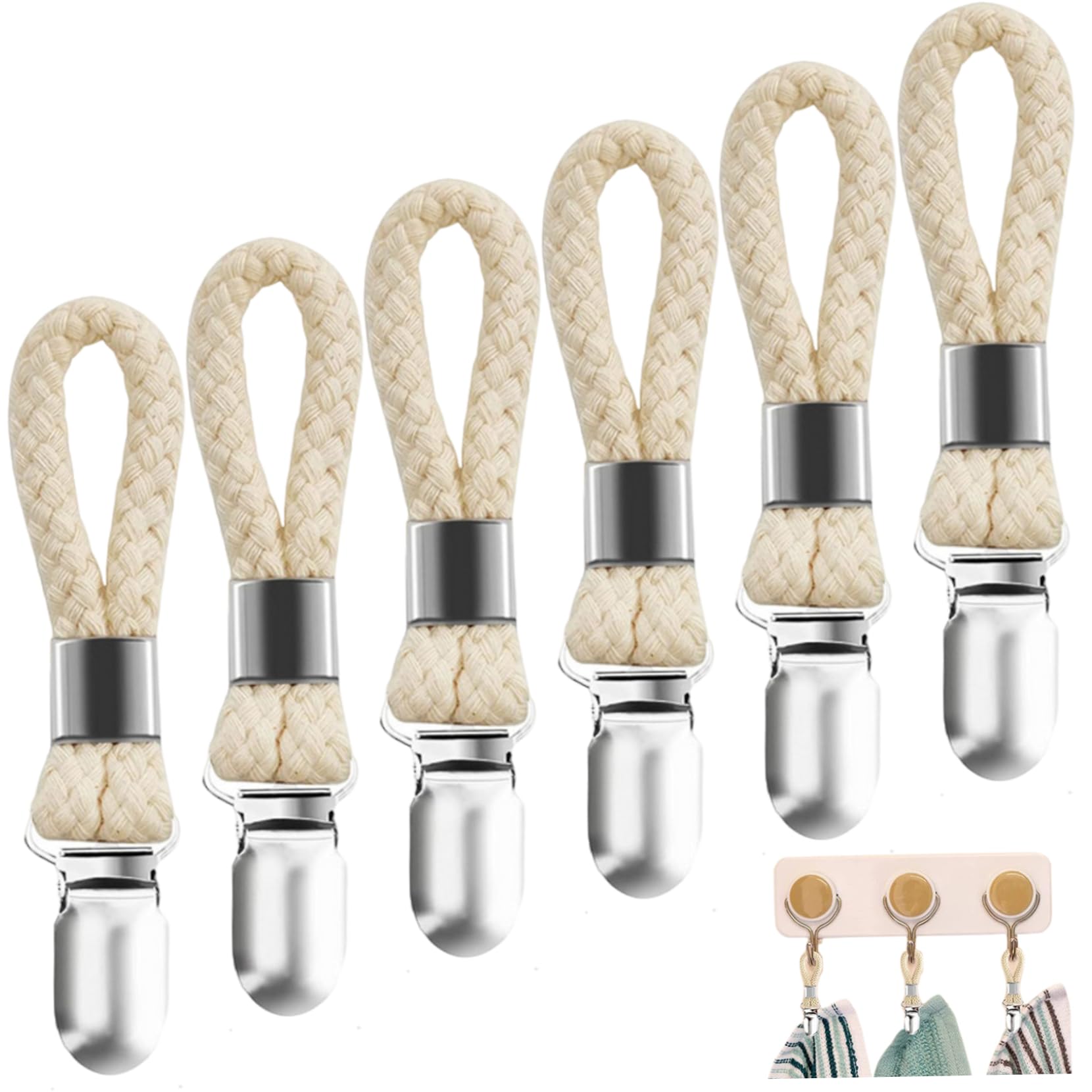 Towel Clips for Kitchen, 6PCS Metal Tea Towel Holder with Braided Cotton Hanging Loop, 4.5 Inch Hanger Clips for Home Bathroom Kitchen Home Cupboards