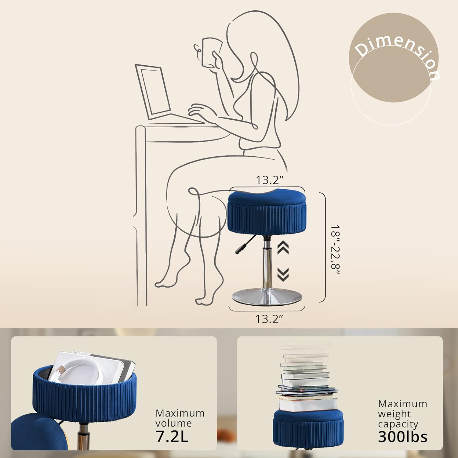 LUE BONA 360°Swivel Vanity Stool Chair for Makeup Room, Height Adjustable Stool for Vanity with Storage, Small Navy Blue Velvet for Bathroom, Living Room