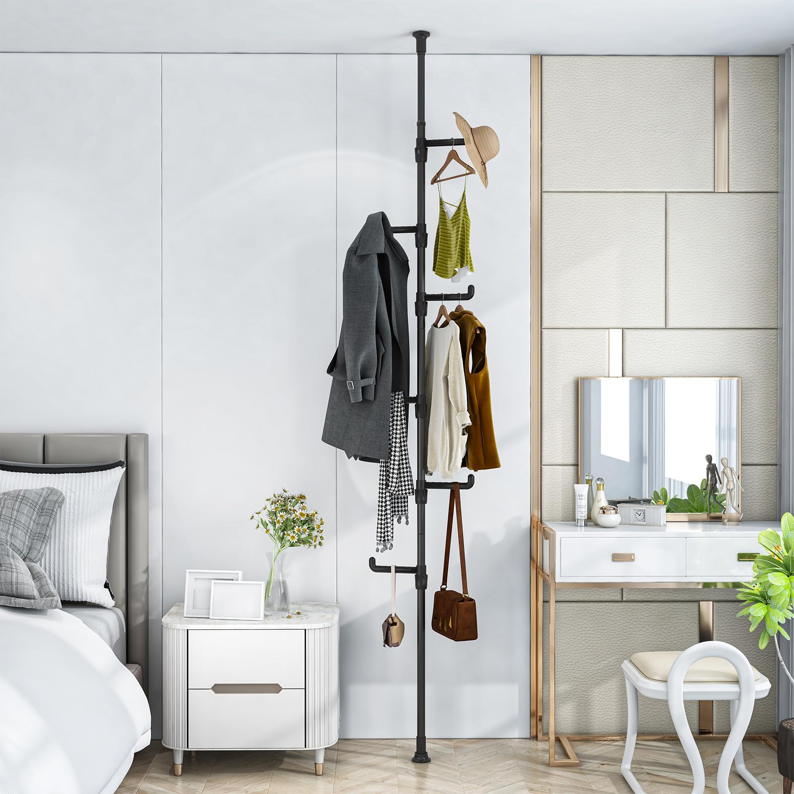 DYN Ptah Coat Rack Freestanding with 6 Hooks, Easy to Assemble, NO Tools Required, Adjustable Coat Rack Stand for Entryway, Hallway, Bedroom, Coat Rack for Hanging Suits, Clothes, Accessories, Black