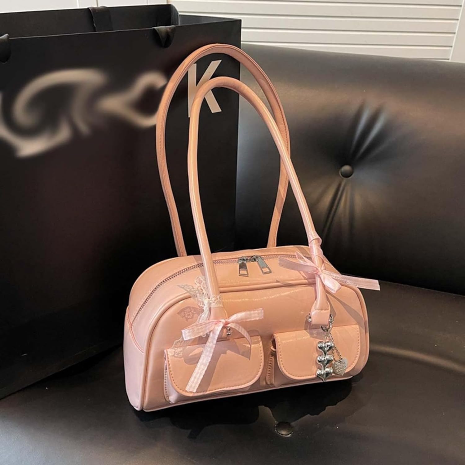 Kawaii Women's Bow Coquette Purse PU Leather Retro Boston Handbag pastel goth handbag