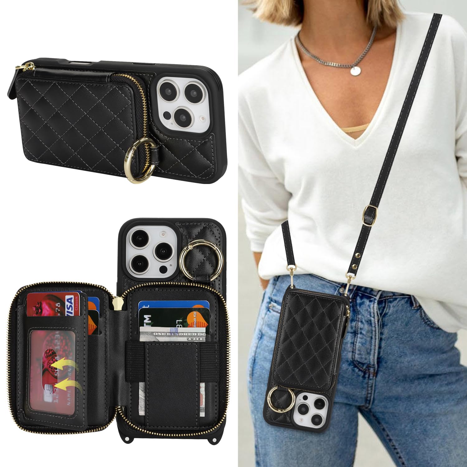 Crossbody Wallet Case for iPhone 16 Pro-Black