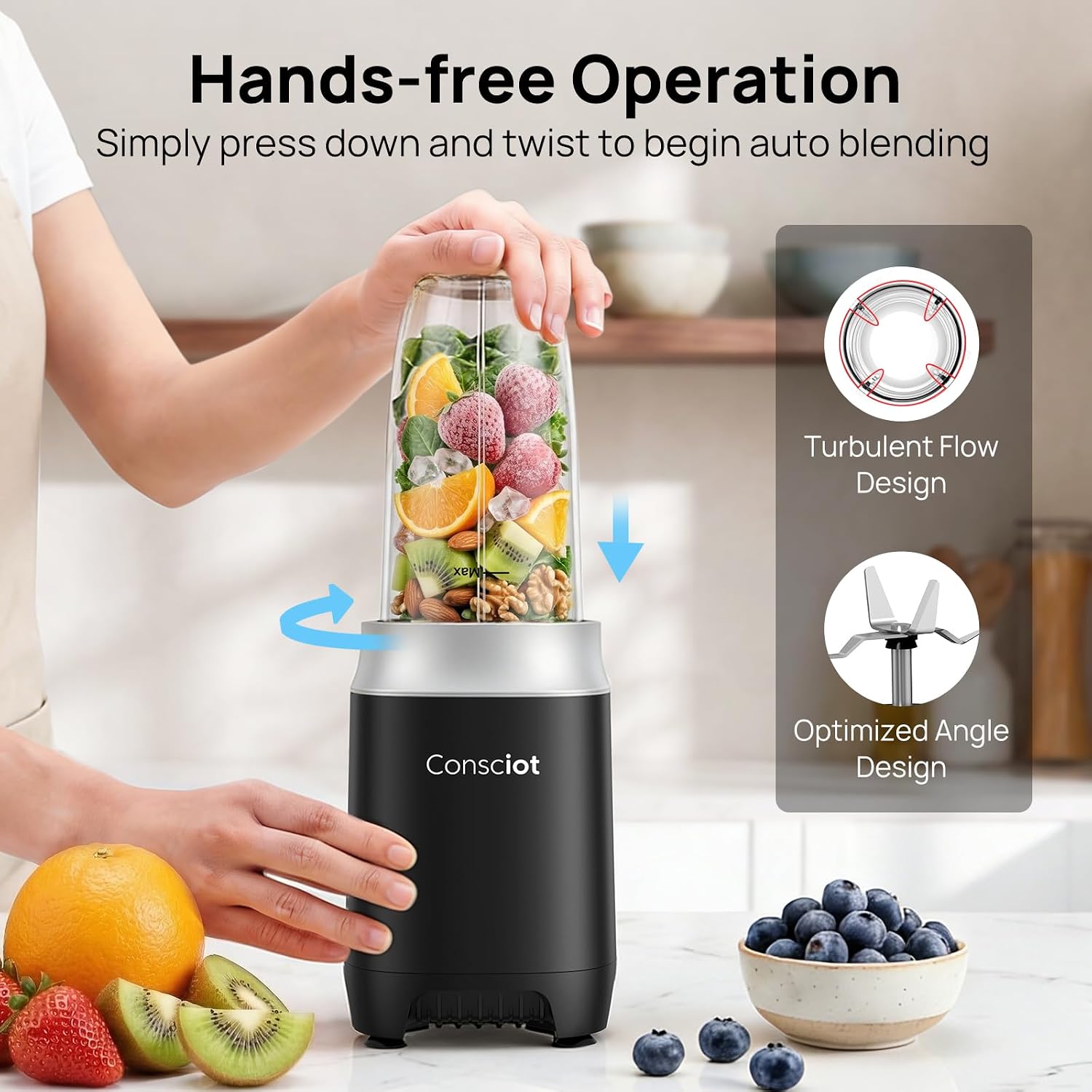 Blender for Smoothies, Consciot Countertop and Personal Blender Combo, Making Shakes and Smoothies, Frozen Drinks, Sauces & More, 3 Portable BPA Free Cups & 3 Lids for Home & On-the-Go, 900 Peak Watt