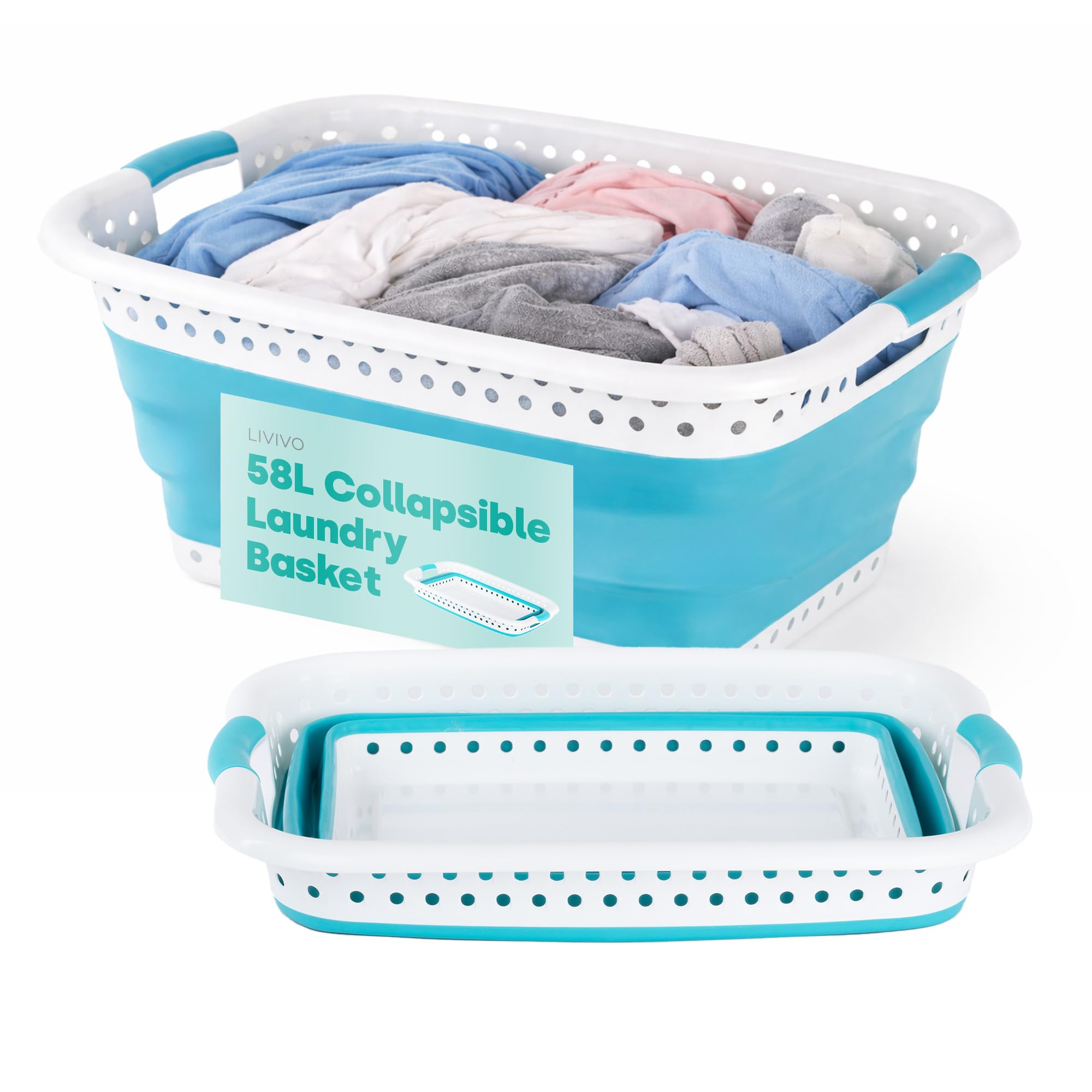Livivo Turquoise Collapsible Laundry Basket 58L - Foldable Laundry Basket With Handles, Large Space-Saving Pop Up Washing Basket - Multipurpose Laundry Hamper For Home, Dorms & Utility Rooms (Turquoise)