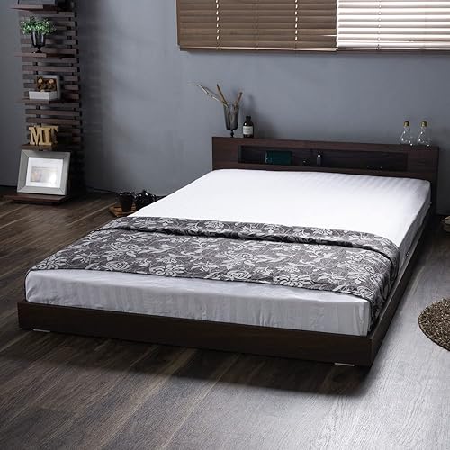 棚・コンセント付きフロアベッド ベッド LED照明付き シングル ウォールナット ロータイプ フレーム ベッドフレーム コンセント 宮付き フレームのみ