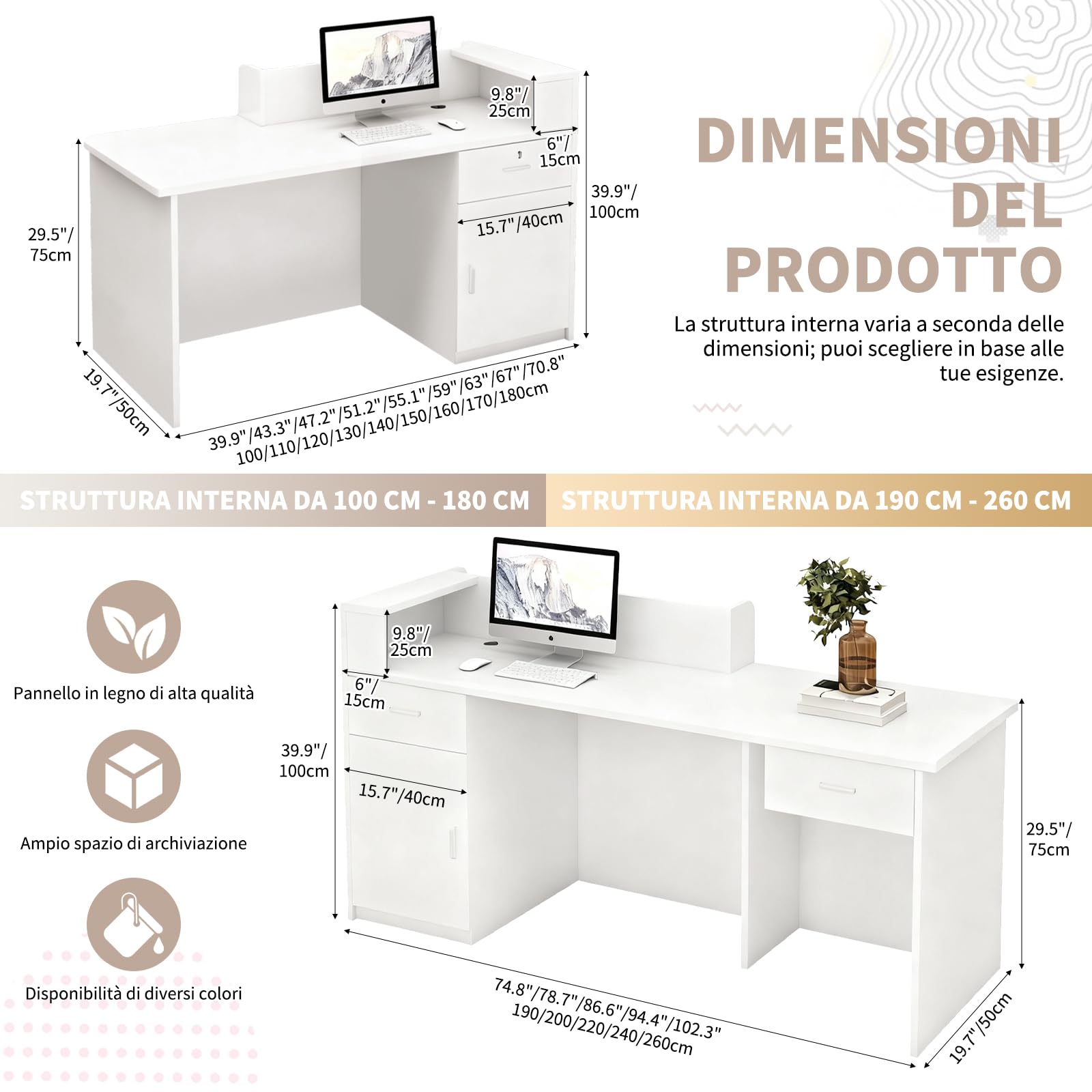 Bancone Reception in Legno Massello con Cassetto e Mobiletto Chiudibili a Chiave, Ampio Spazio di Archiviazione, Lunghezza 100–240 cm, Ideale per Ufficio, Salone, Hall e Negozio