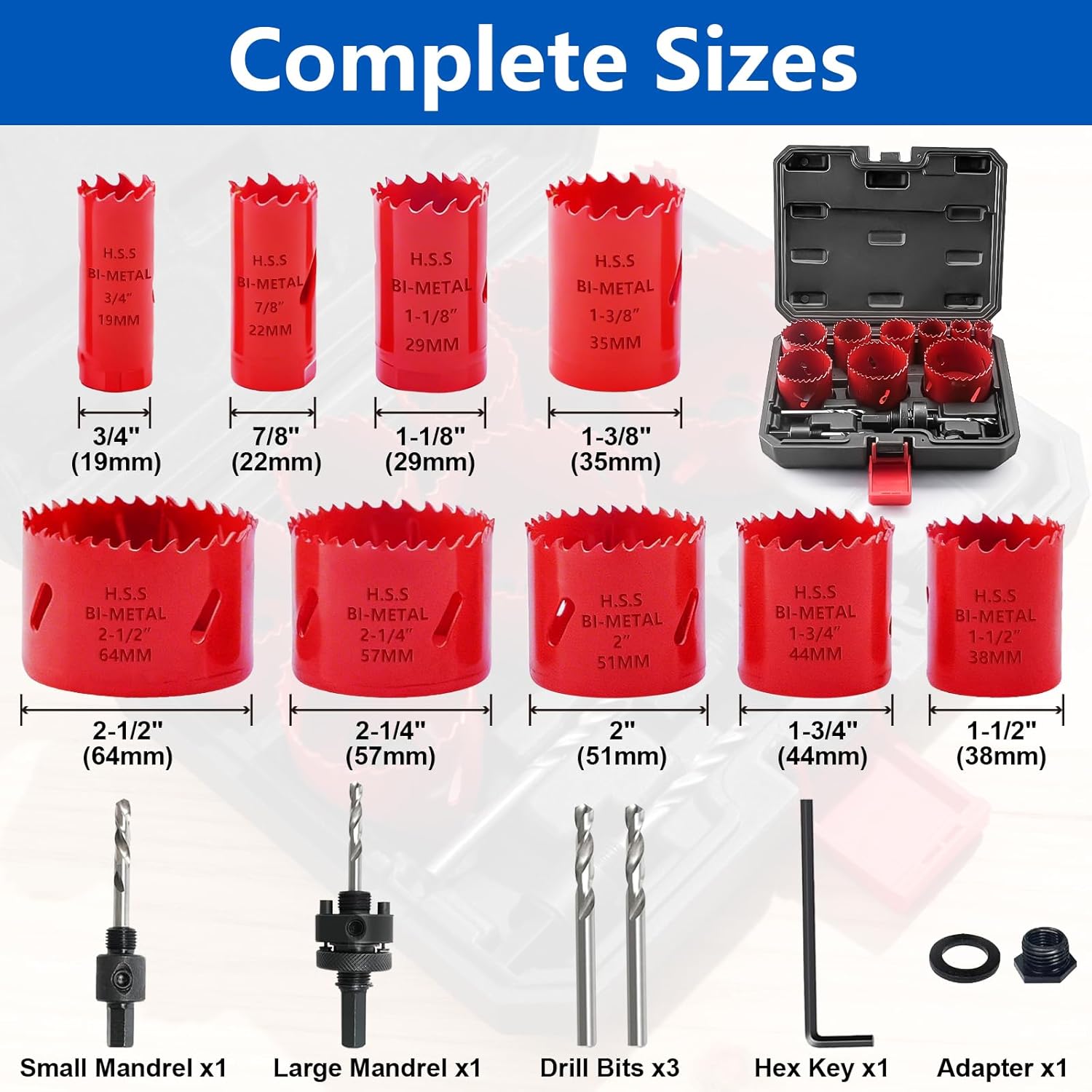 Greywolf 15 pcs Bi-Metal Hole Saw Set, M3 HSS Hole Saw Kit with 3/4"-2-1/2" (19-64mm) 9 pcs Hole Saw Blades, Boxed, with Arbor, Drill Bit, Hex Wrench, for Metal, Wood, Plastic
