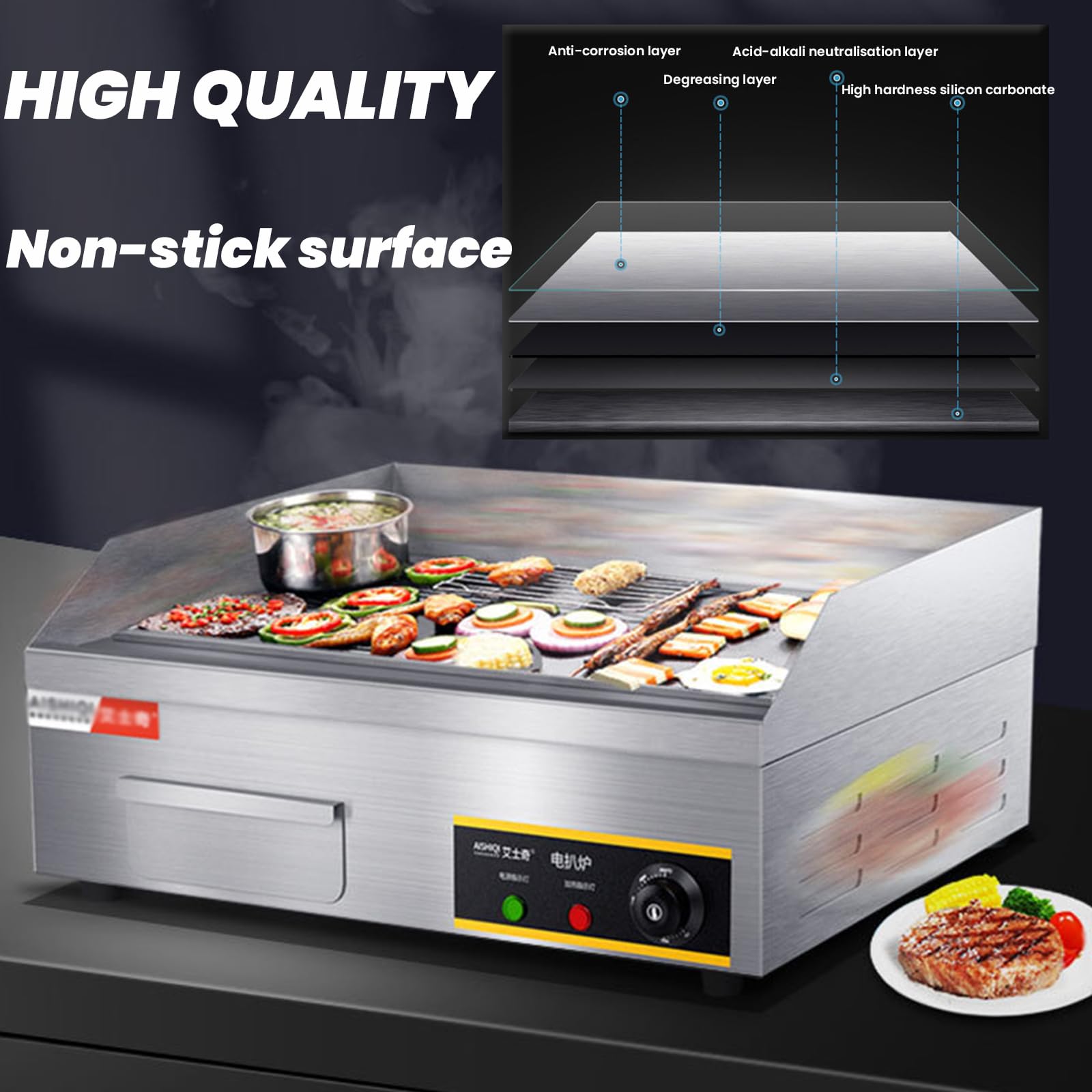 2900W 21.6Inch Piastra Elettrica Professionale Barbecue Griglia da Banco in Acciaio Inox Piana Antiaderente Controllo Termostatico Regolabile per Casa O Luoghi Commerciali