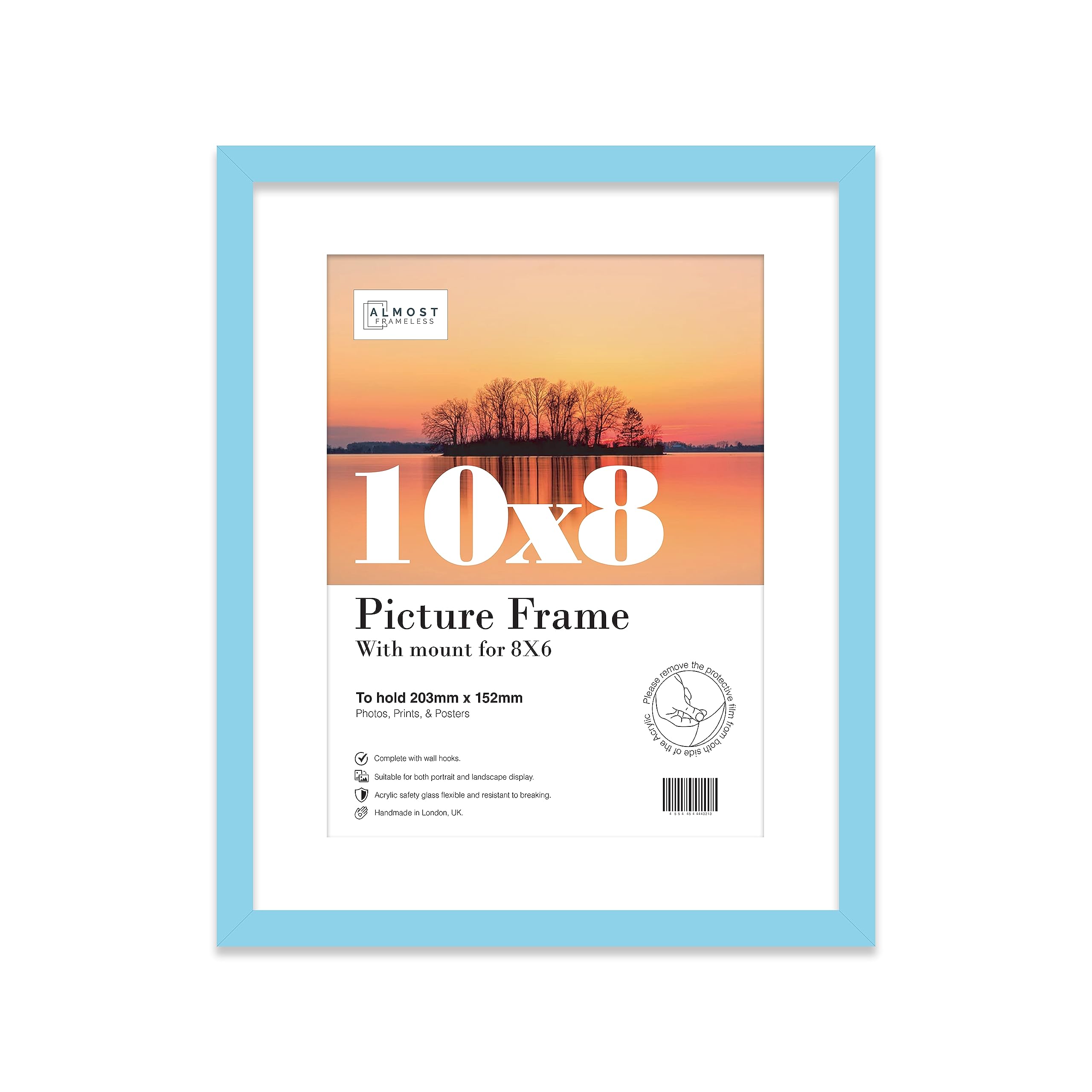 Almost Frameless 10x8 Light Blue Picture Frame With Mount for 8x6 Print, Poster or Photo Poster, Photo, Artwork, or Print. Thin Edge Slim Frame Portrait and Landscape Display with Wall Hooks โ image 1