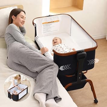 Baby Bassinet, Rocking Bedside Sleeper, Detachable & Portable Bassinet | Adjustable Crib with 8-Level Height, Breathable Mesh, Storage Basket & Rotating Mobile Toy for Newborns InfantBlack