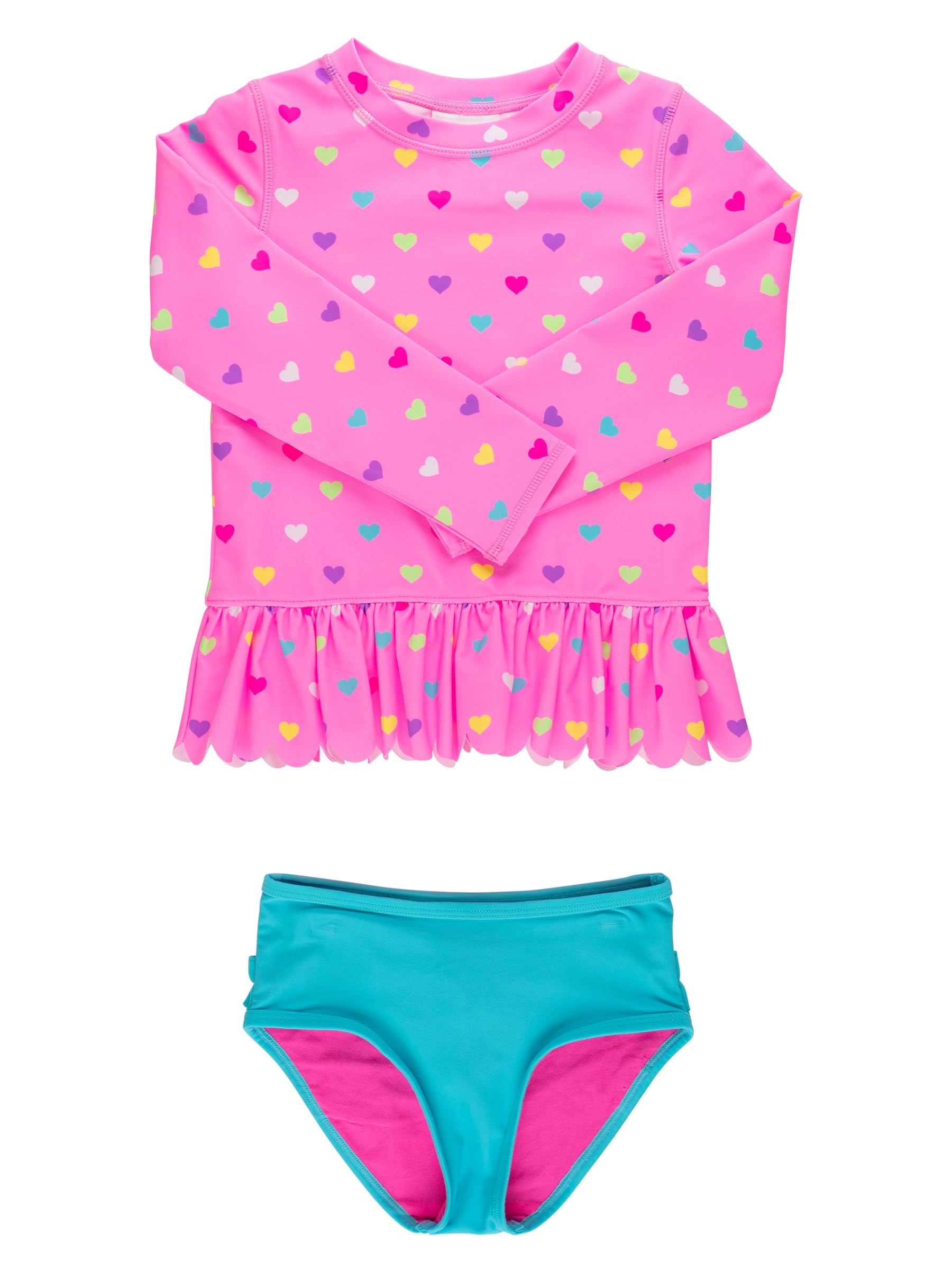 RuffleButts Girls Scalloped Long Sleeve - 2-Piece Rash Guard Swim UPF 50+