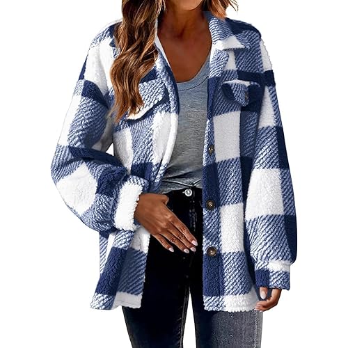 Womens Flannel Shirts Warm Plush Shacket Jackets Button Cardigan Trendy Plaid Fleece Fuzzy Winter Coats Outerwear