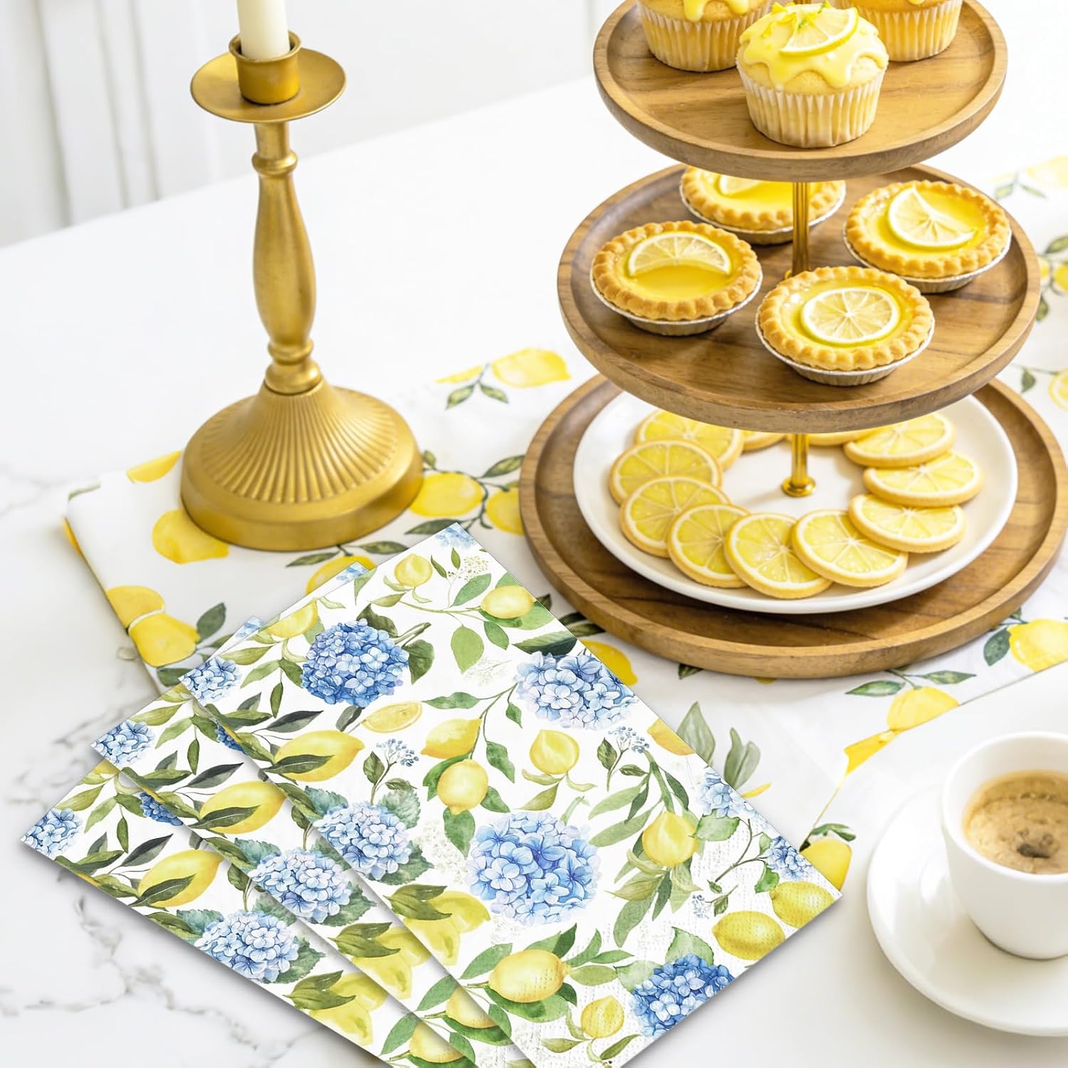 JarThenaAMCS 100 Pcs Lemon Hydrangea Guest Napkins Spring Summer Disposable Paper Napkin Fruit Floral Dinner Hand Towels for Summer Party Bathroom Tableware Supplies
