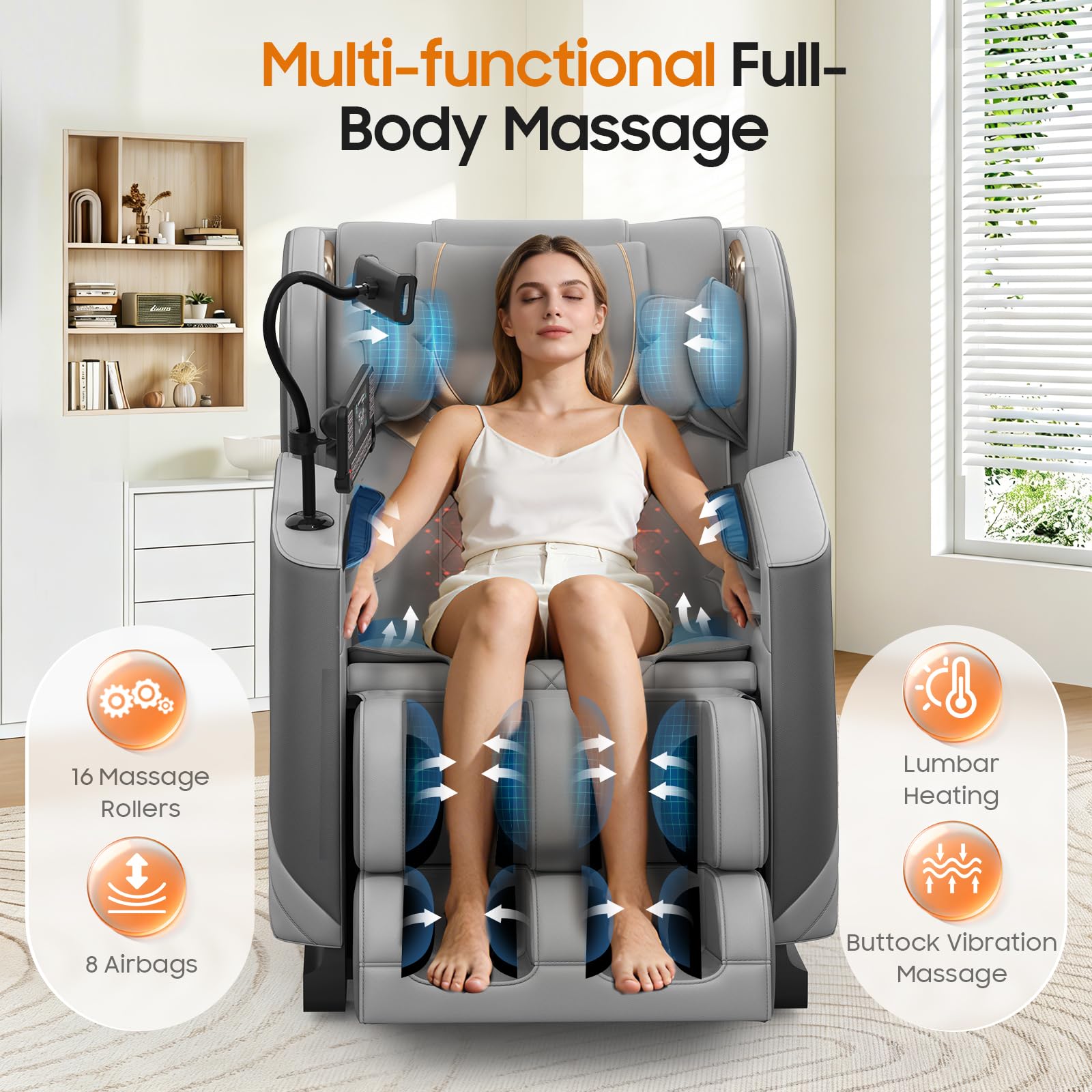 Poltrona massaggiante, con 16 rulli massaggianti, 8 airbag, Riscaldamento lombare, Rullo per polpacci e massaggio con airbag, Altoparlante Bluetooth, Telecomando touchscreen