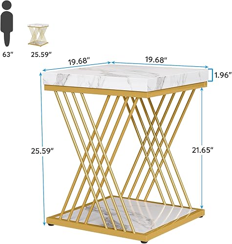 Miniatura 6 de Tribesigns Juego de 2 mesas auxiliares cuadradas de oro blanco y dorado, mesa auxiliar moderna de 2 niveles, mesa auxiliar pequeña con