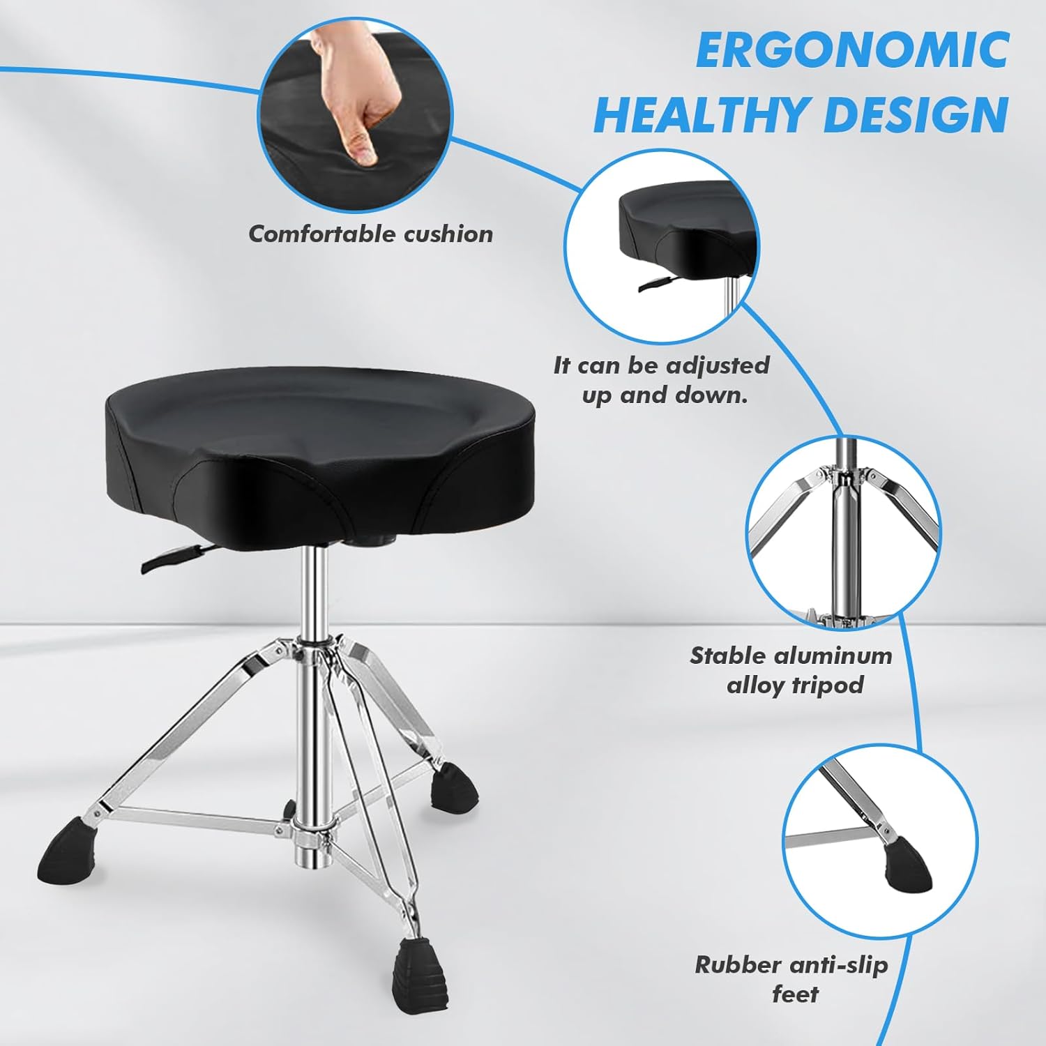 Heavy Duty Drum Stool, Hydraulic Drum Throne, Ergonomic Memory Foam Drum Seat, Adjustable Drum Chair Anti-Slip Base, Drum Saddle Bench for Drummers Musicians(Black)