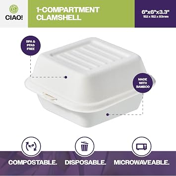CIAO! 6x6x3 Clamshell 1 Compartment 100% Compostable Ecofriendly PFAS Free Unbleached Bagasse Natural White (500/case)