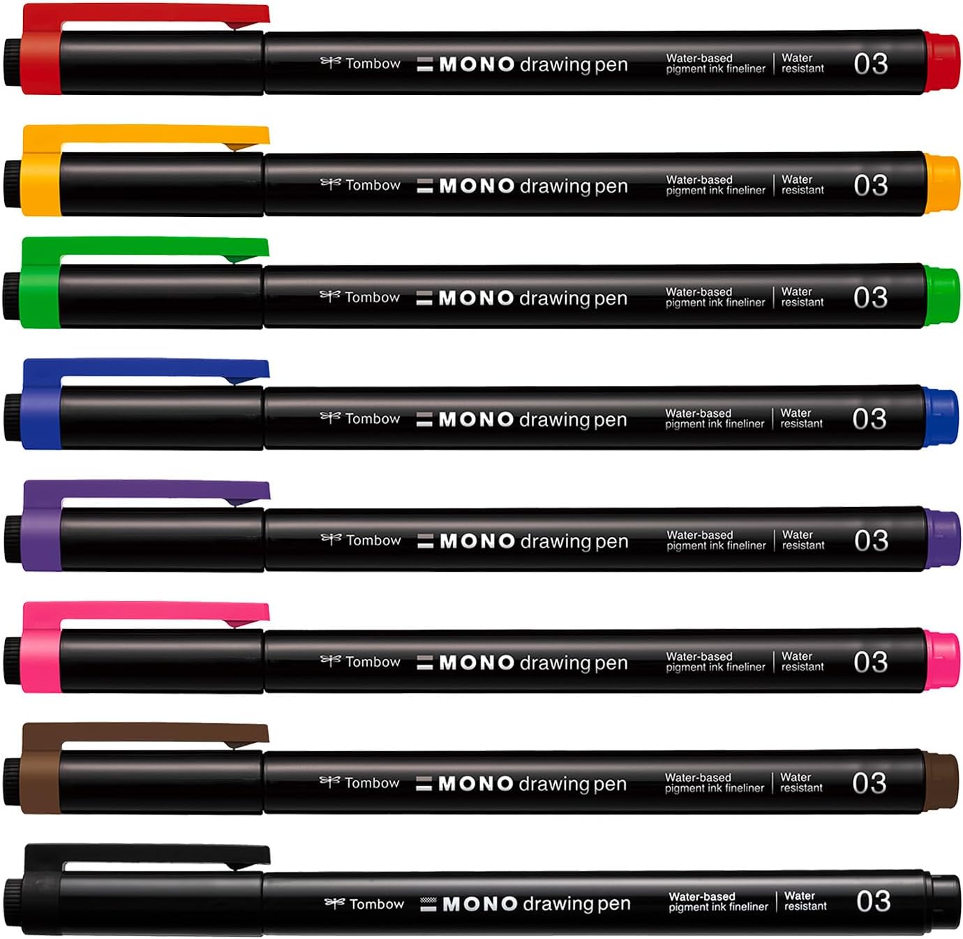 Tombow 66407 MONO Drawing Pens Colors, 8-Pack, Metal Nib, Fine Point, Water-Based Pigment Ink