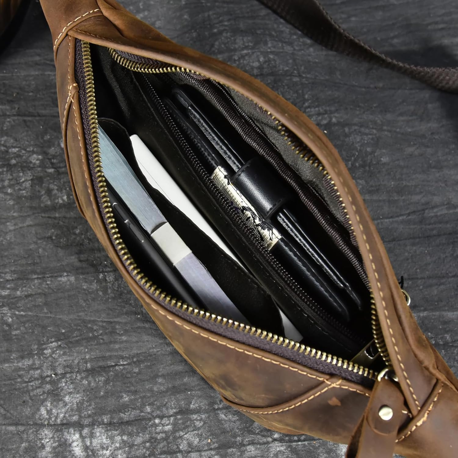 Men's Leather Waist Bag Multiple Pockets Slim Fanny Pack Adjustable Belt bag for Outdoor Running Hiking and Travel (Brown) - Image 6