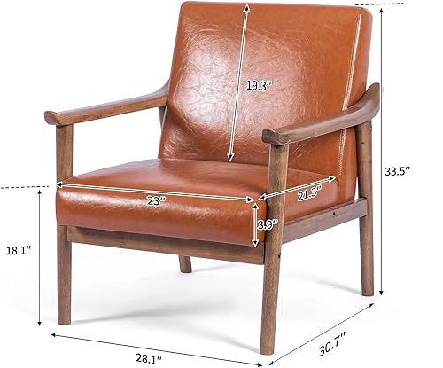 Miniatura 17 de UNICOO - Sillón decorativo de piel sintética con marco de madera maciza. Silla de lectura moderna de mediados de siglo para sala de estar dormitorio