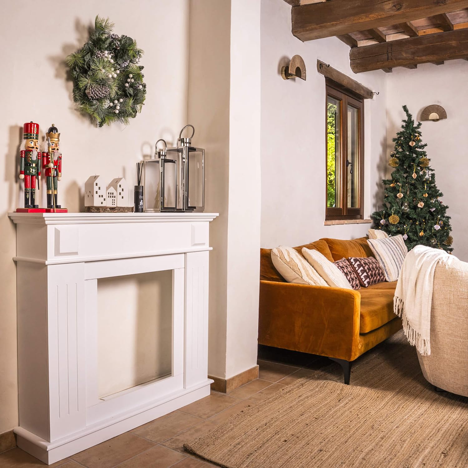 Rebecca Mobili Cornice decorativa caminetto, decorazione camino bianca, di legno, stile tradizionale, per soggiorno - Misure 100 x 109 x 26 cm (HxLxP) - RE4800