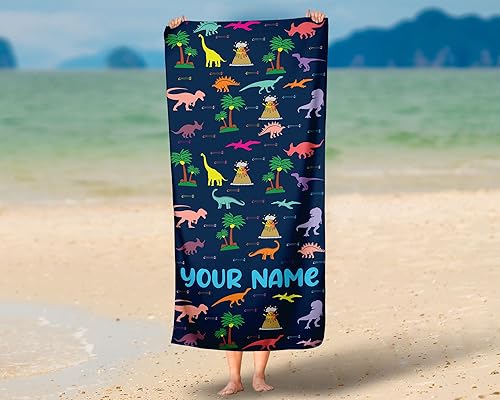 Miniatura 4 de Generic Toalla de playa de dinosaurio, nombre personalizado, algodón de secado rápido, regalo divertido para niños