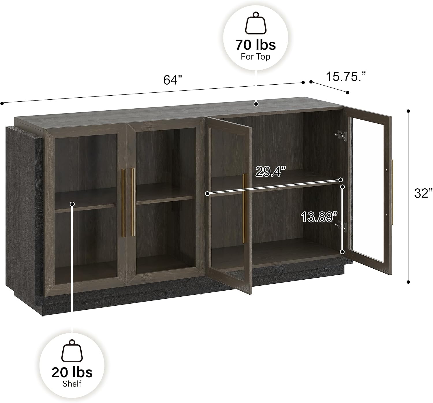 Brown Wood Buffet Sideboard with Glass Doors and Gold Handles