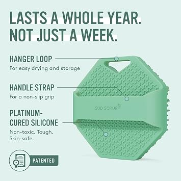 Sud Scrub Antimicrobial Silicone Body Scrubber, Exfoliating Body Brush for Sensitive Skin, Antibacterial Shower Scrubber for Body, Bathroom Essentials for Men & Women, Mint