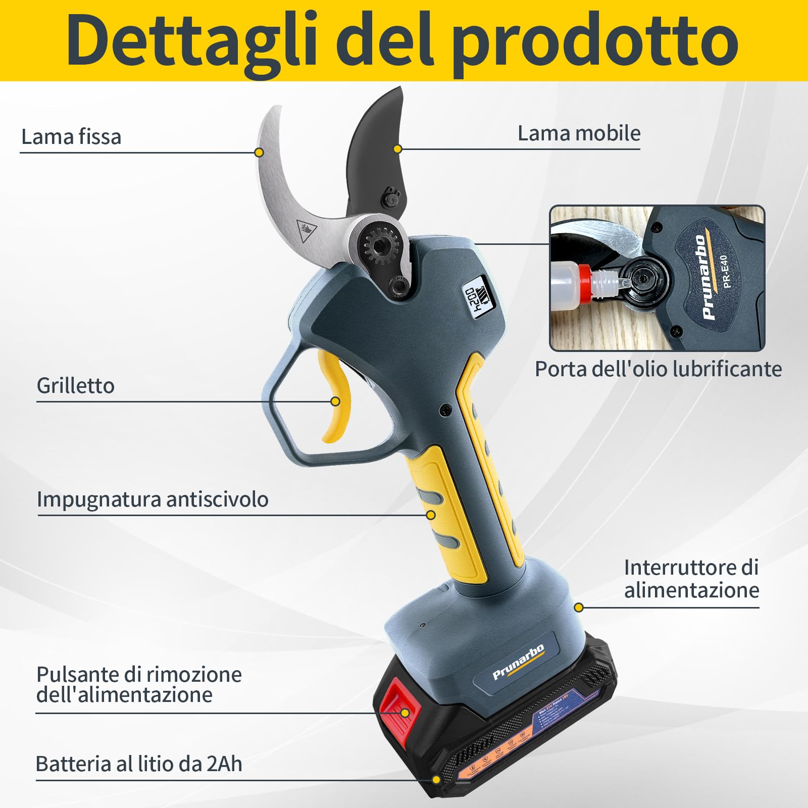 Forbici Potatura 40mm con Asta Telescopica e 2 Batterie 2Ah | Raggiungi rami alti senza scala, ideale per ulivi, vigneti e alberi da frutto con taglio potente e preciso