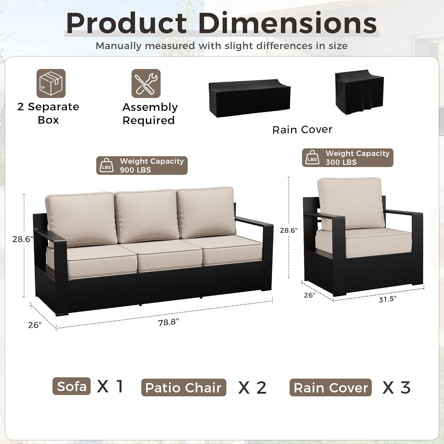 Outdoor Patio Furniture Set, 3-Piece Aluminum Patio Conversation Set All-Weather Metal Outdoor Sectional with 6 Inch Thick Cushions, Deep Setting for Garden, Outside and Porch, Beige