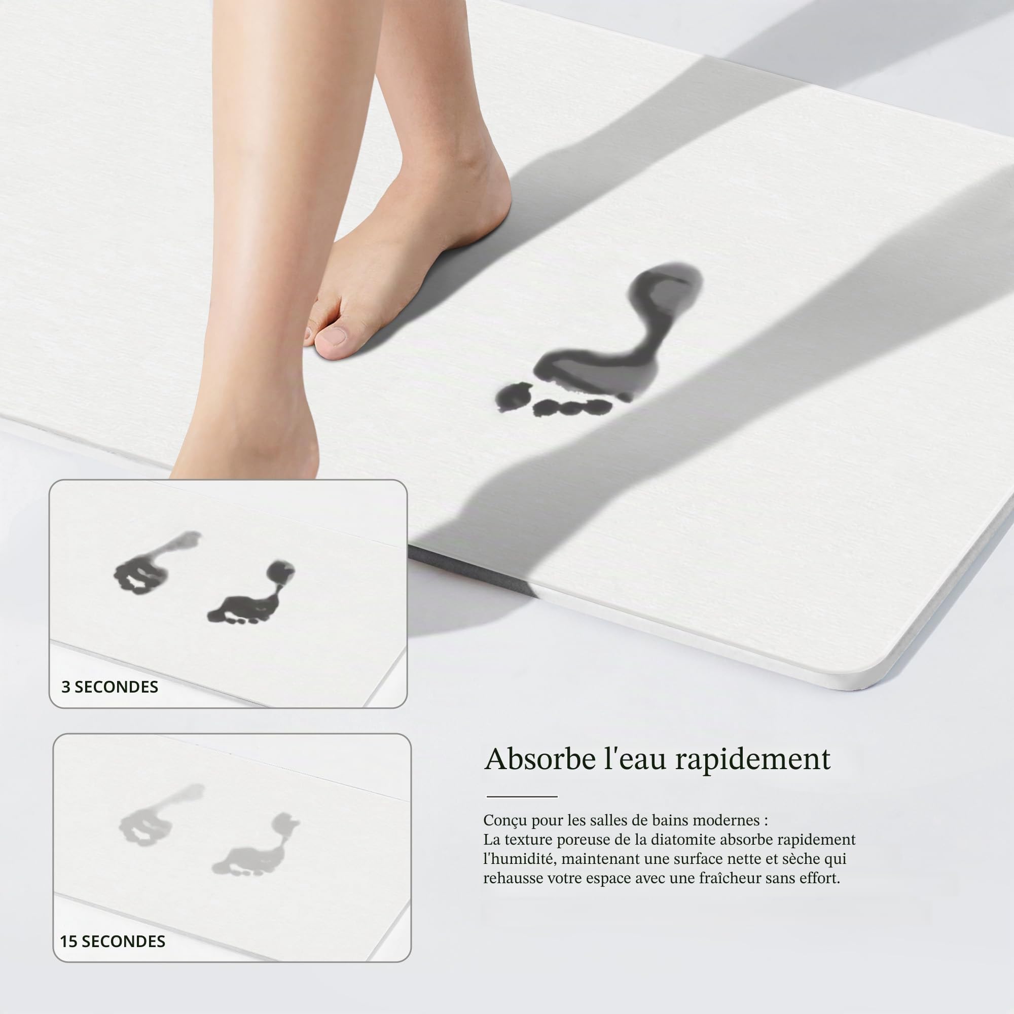 THMINS Tapis de Bain en Pierre 90x60 cm, Tapis de Bain Diatomite Absorbant, Séchage Rapide, Antidérapant, pour Salle de Bain et Douche, Blanc