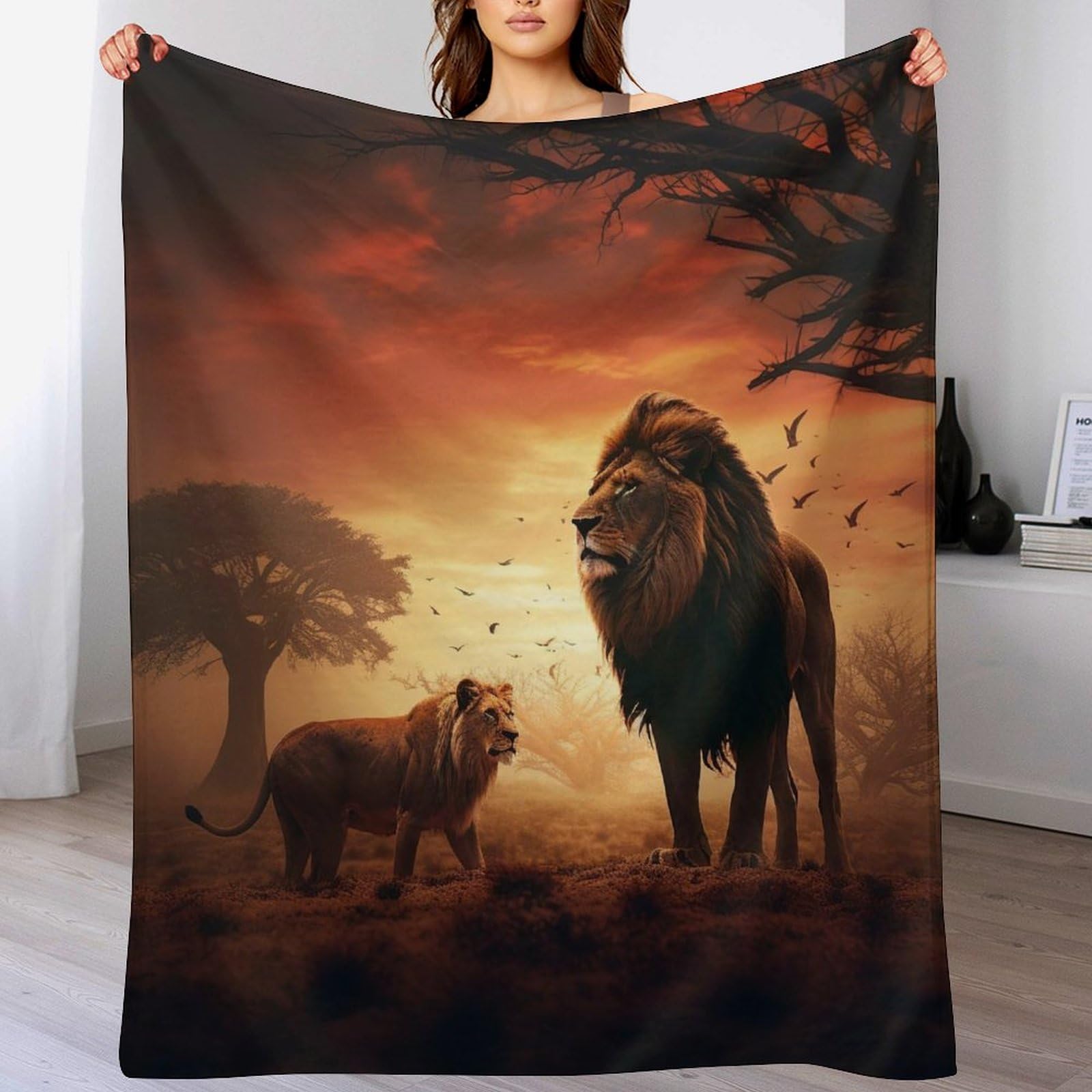 Couverture lion imprimée pour cocooning sur canapé et voyage