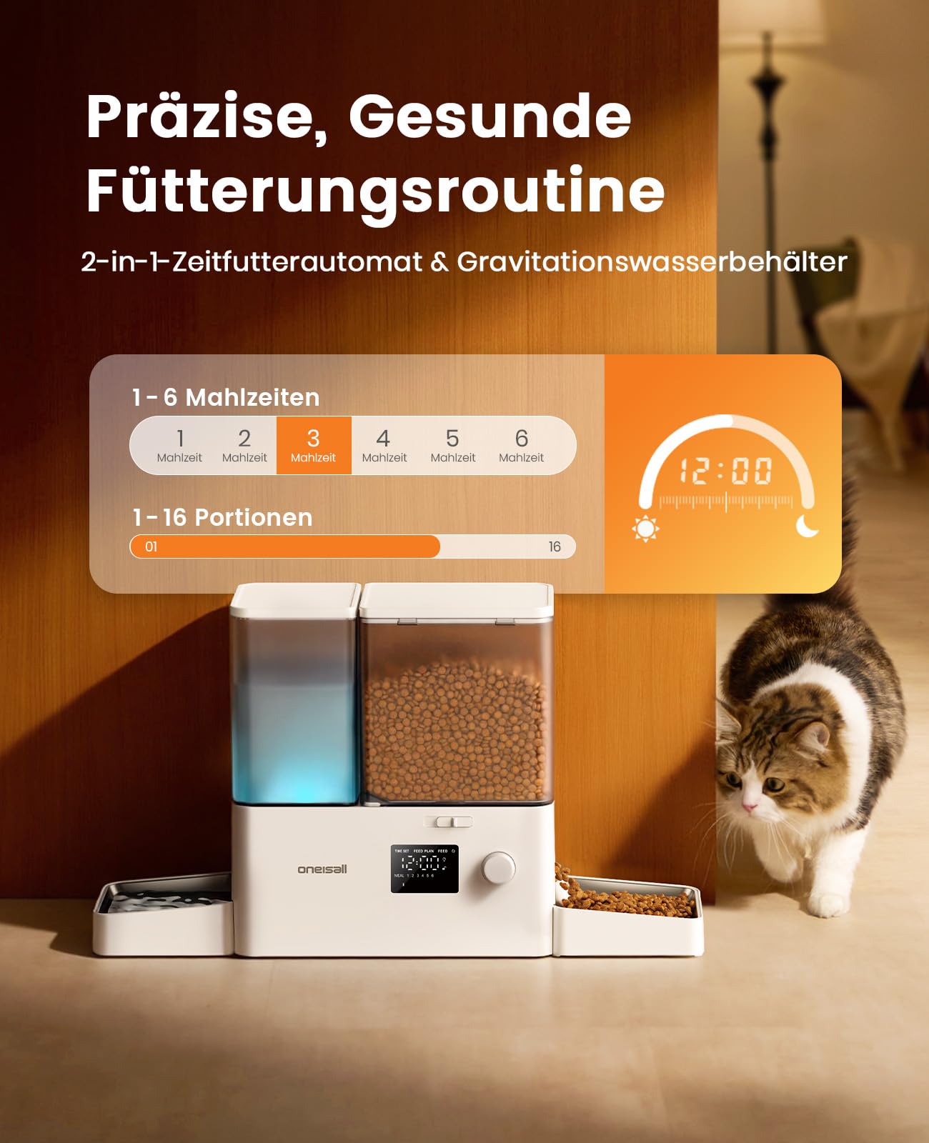 oneisall Futterautomat Katze und Trinkbrunnen 2-in-1, 8,5L/1-36 Portionen, 5L Futterspender mit 3,5L Katzenbrunnen, 2 Edelstahlschalen, Einfache Installation und Reinigung, für Katzen, BPA-frei
