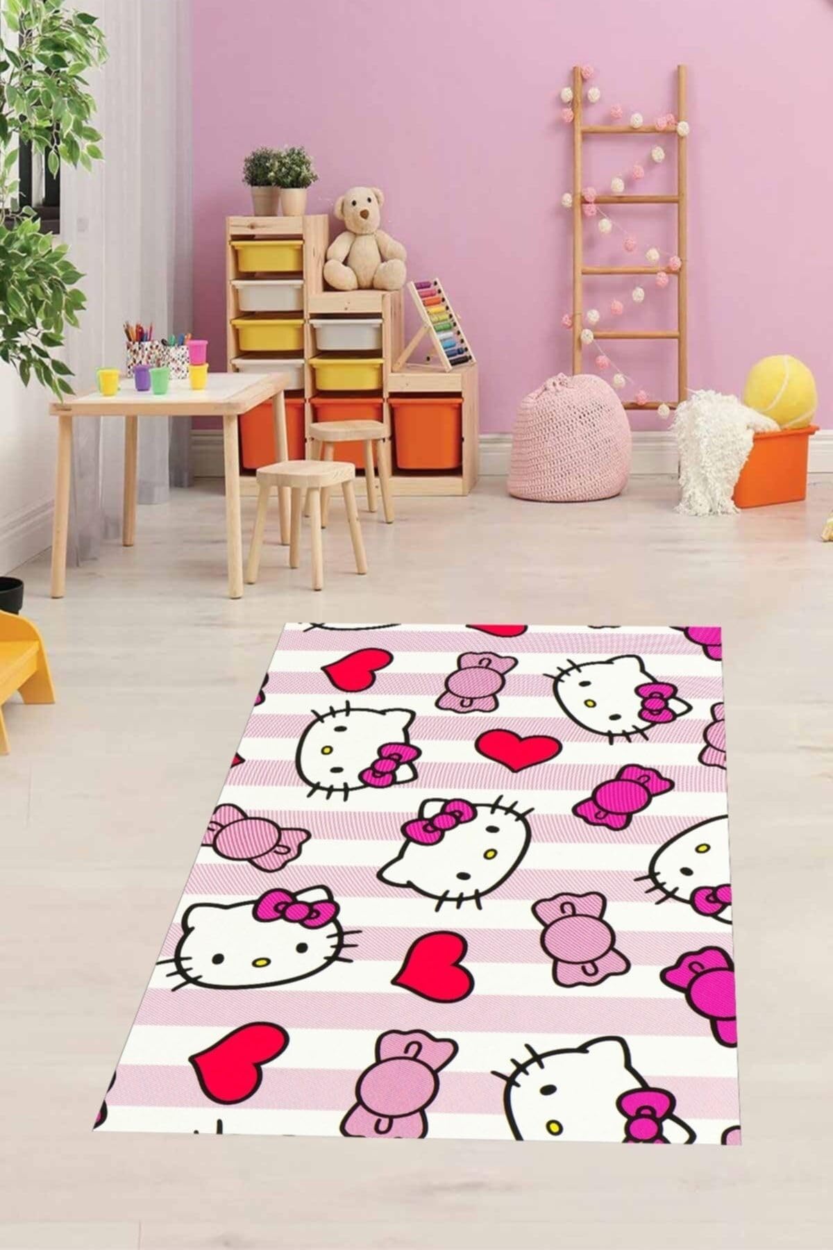 Pelangi Sevimli Kedili Kalpli Halı Dijital Baskı Yıkanabilir Kaymaz Taban Çocuk Odası Halıs, Pembe-Beyaz 100 x 300