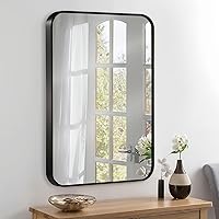 Vista 8 de Espejo de pared negro de 22 x 30 pulgadas para baño, espejo con marco de metal cepillado con esquina redondeada, espejo rectangular de tocador
