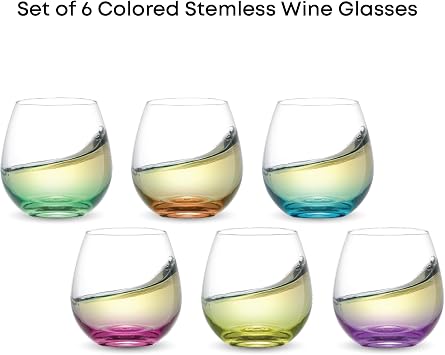 JoyJolt HUE Stemless Şarap Kadehi Seti. Büyük, 15 oz, Sapsız, 6'lı Set Beyaz Şarap, Kırmızı Şarap, Su, Köksüz Margarita Bardakları için Kısa Şarap Bardakları, Renkli