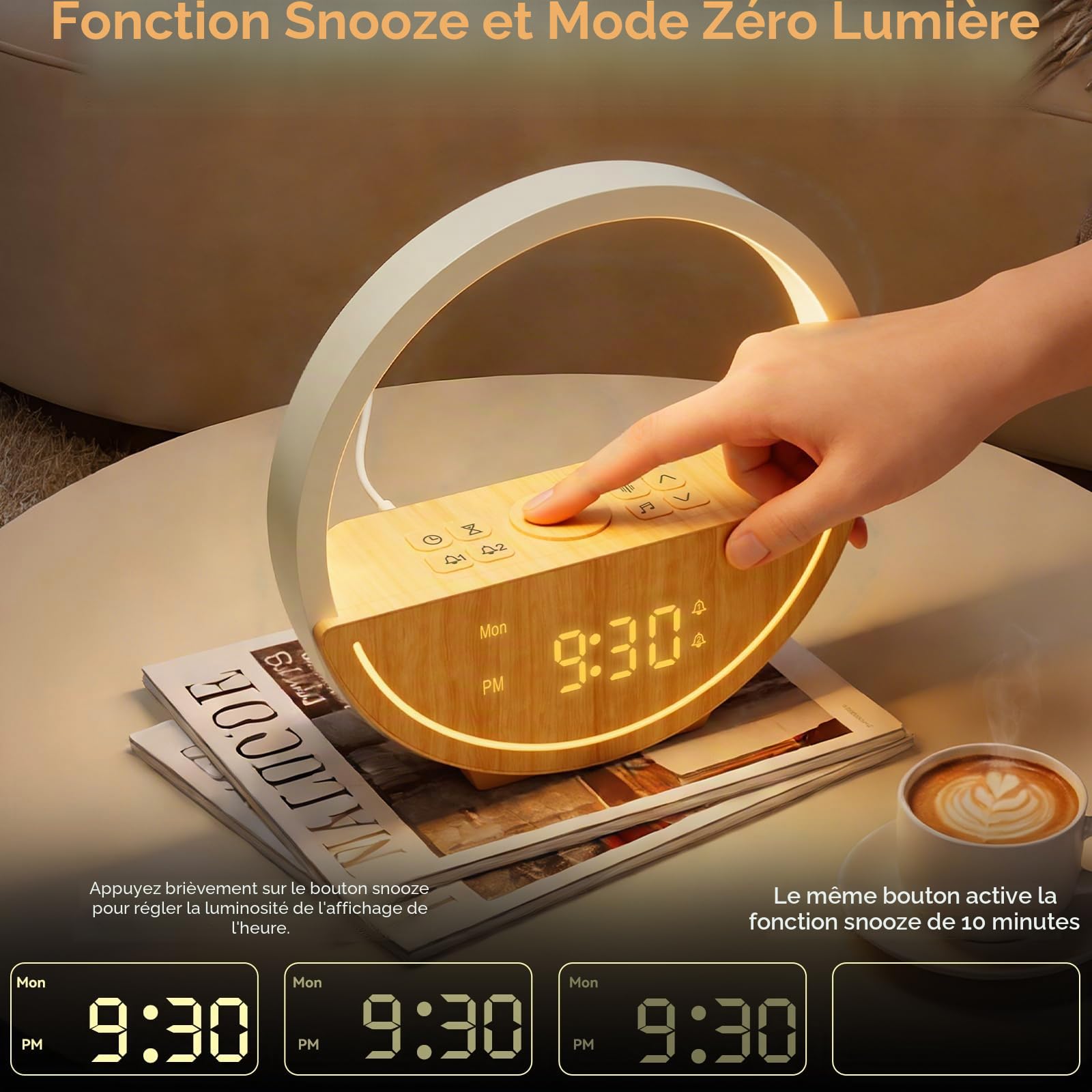 RETEYUNG Lampe de Chevet et Réveil Simulateur d'Aube, Veilleuse Tactile avec Charge USB, 20 Sons Relaxants & Bruits Blancs, Double Alarme pour Semaine/Week-End, Réveil Lumineux pour Gros Dormeurs
